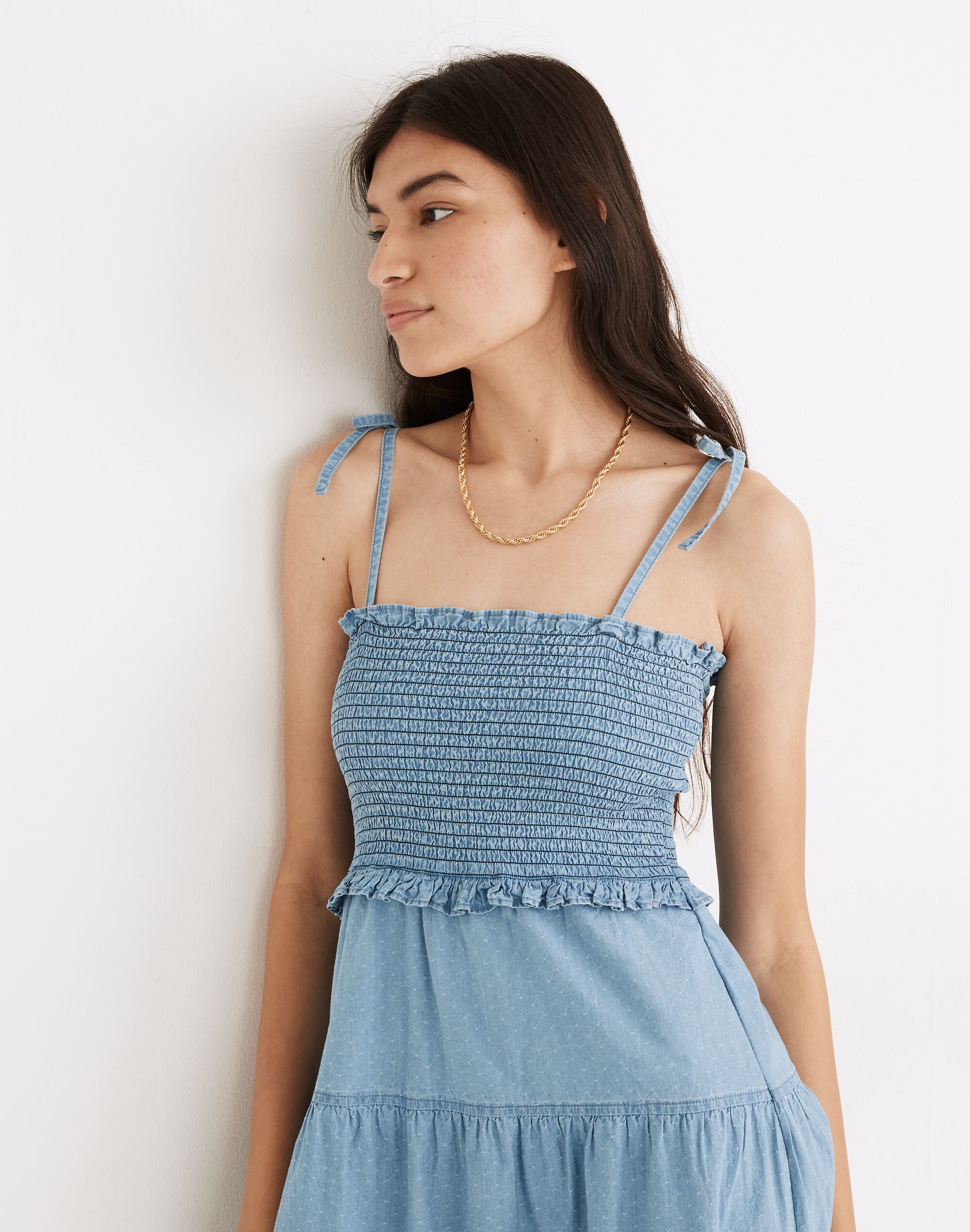 Denim Lucie Tie-Strap Smocked Midi Dress