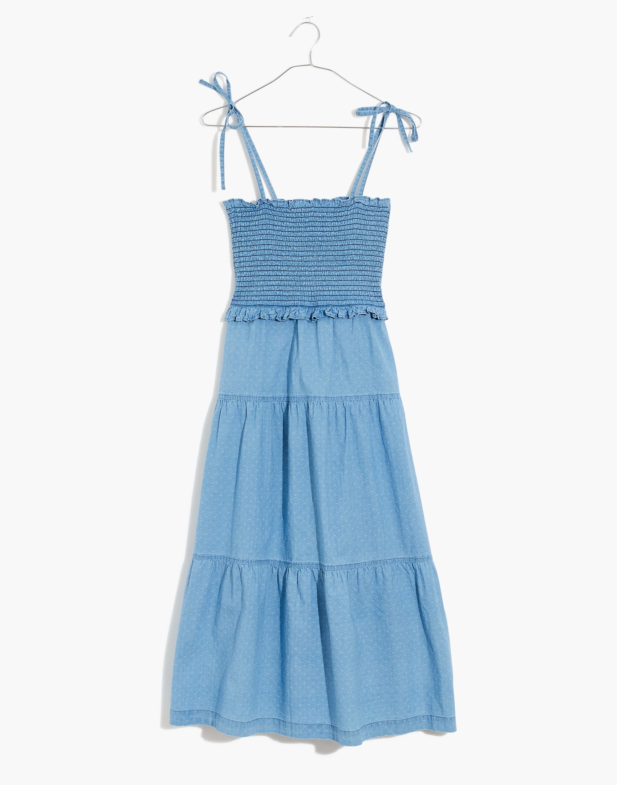 Denim Lucie Tie-Strap Smocked Midi Dress