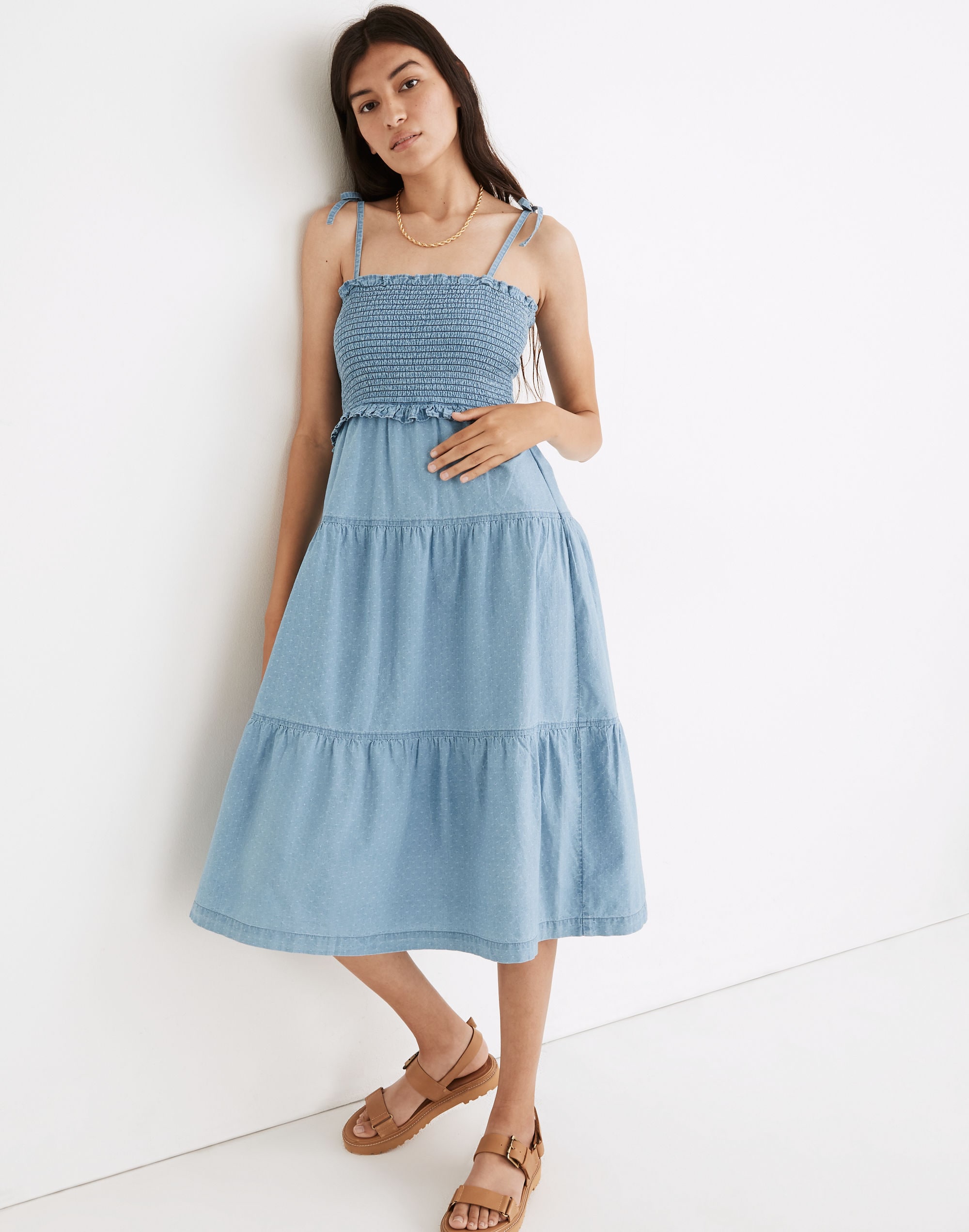 Denim Lucie Tie-Strap Smocked Midi Dress