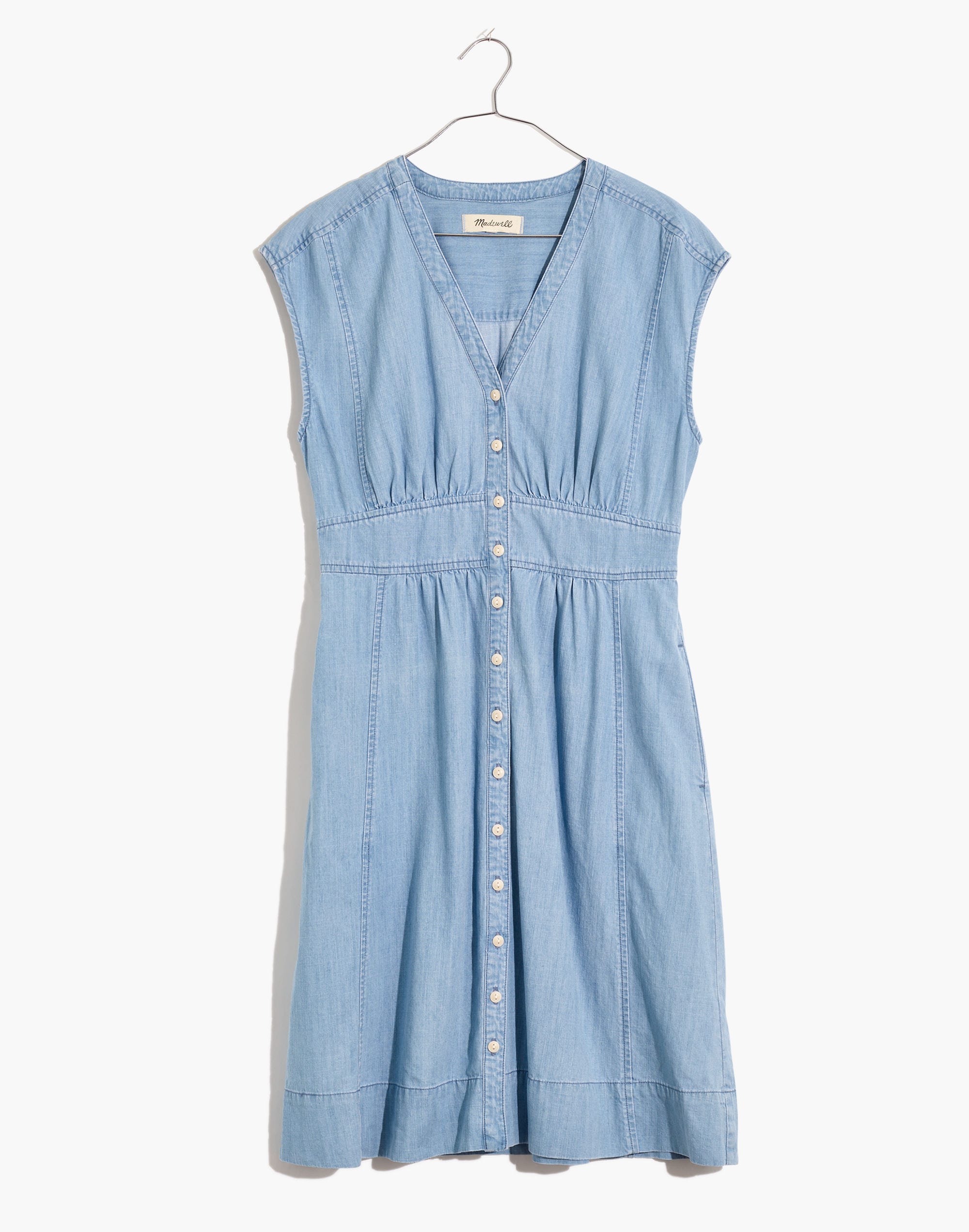 Petite Denim Cap-Sleeve Button-Front Dress in Sunwashed Indigo