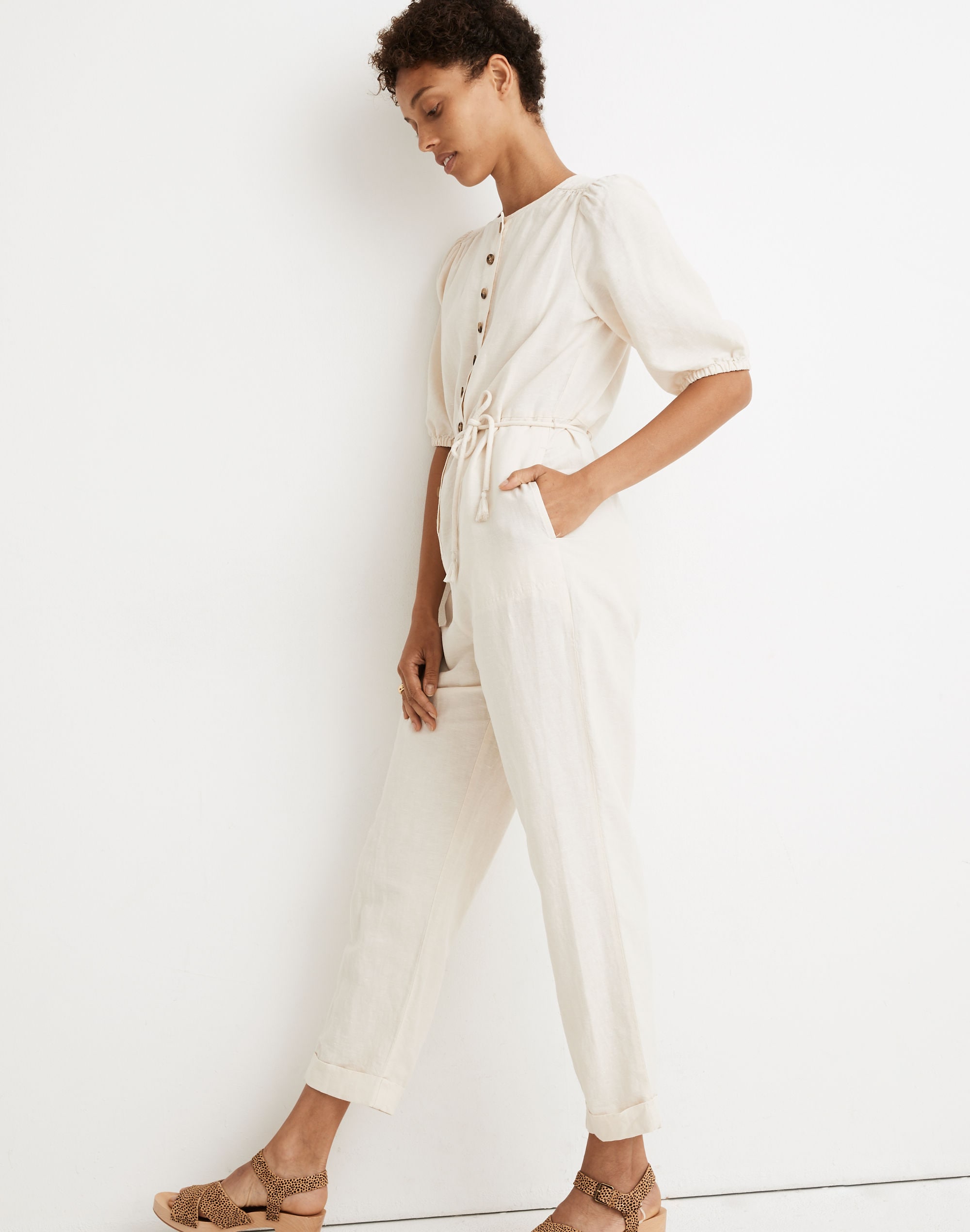 Linen-Blend Puff-Sleeve Tassel-Tie Jumpsuit