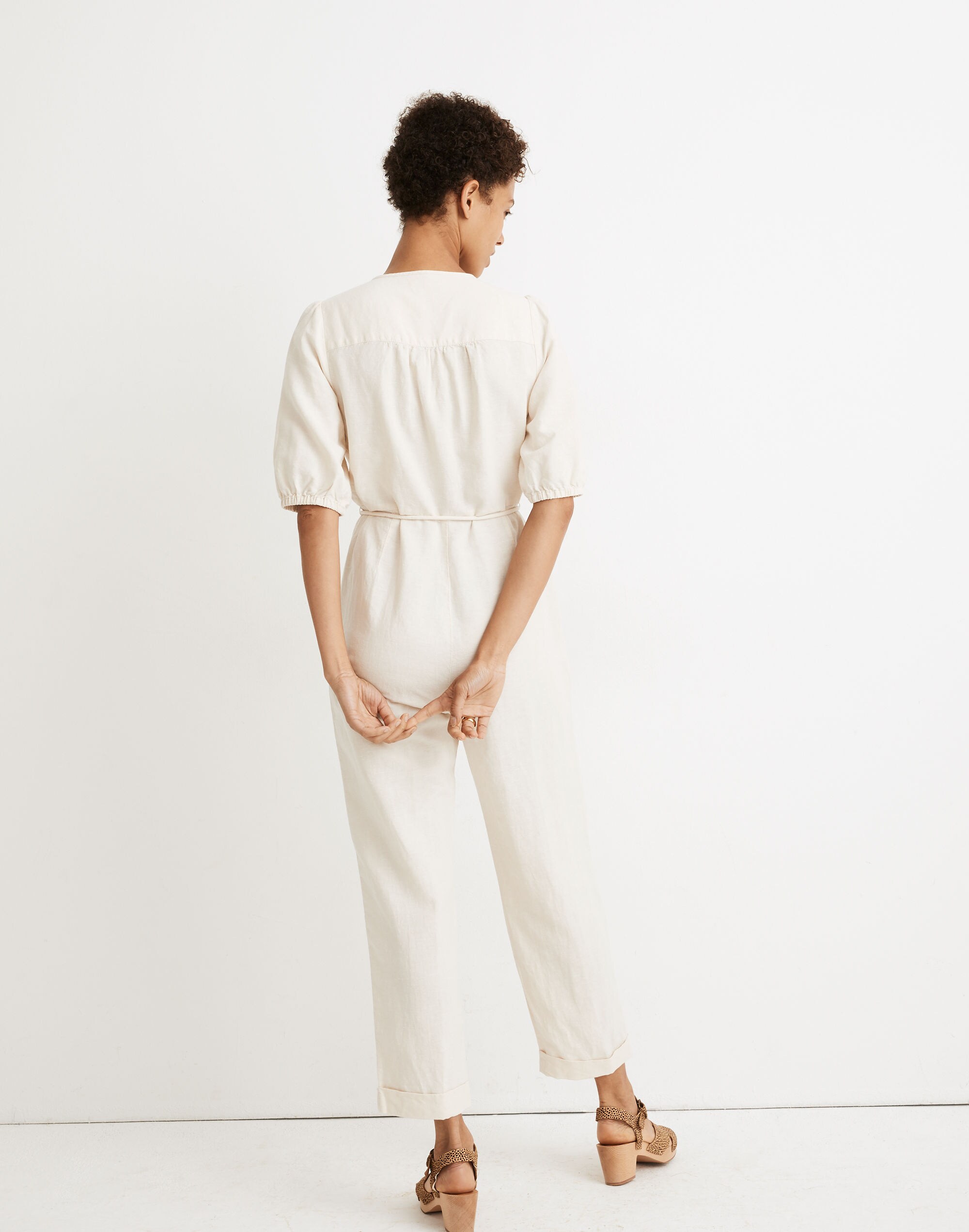 Linen-Blend Puff-Sleeve Tassel-Tie Jumpsuit
