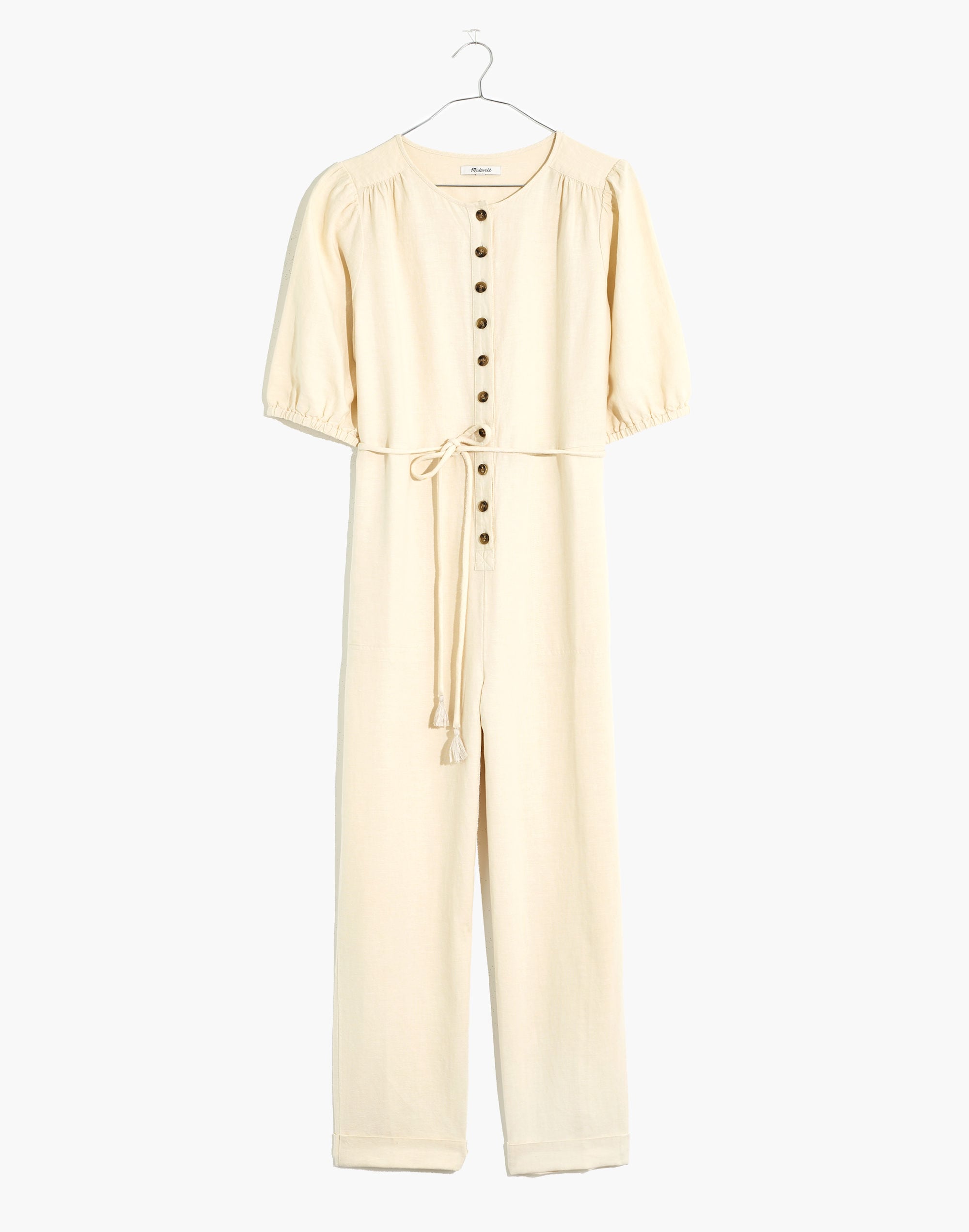 Linen-Blend Puff-Sleeve Tassel-Tie Jumpsuit