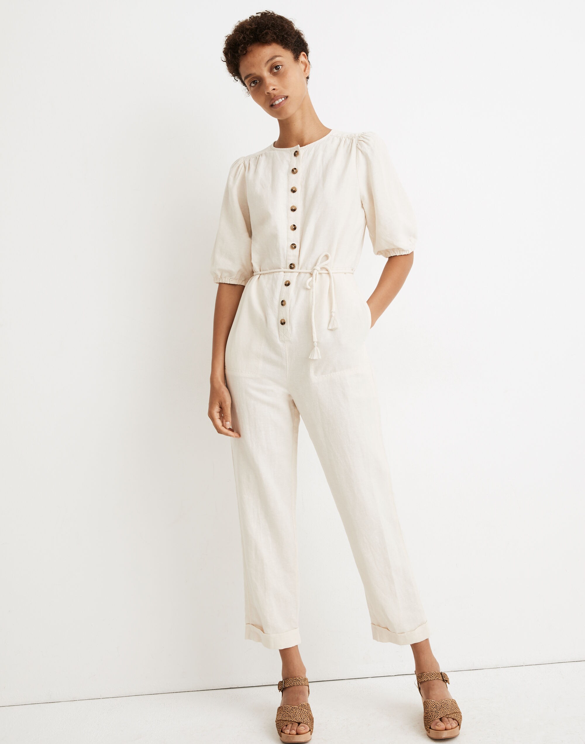 Linen-Blend Puff-Sleeve Tassel-Tie Jumpsuit