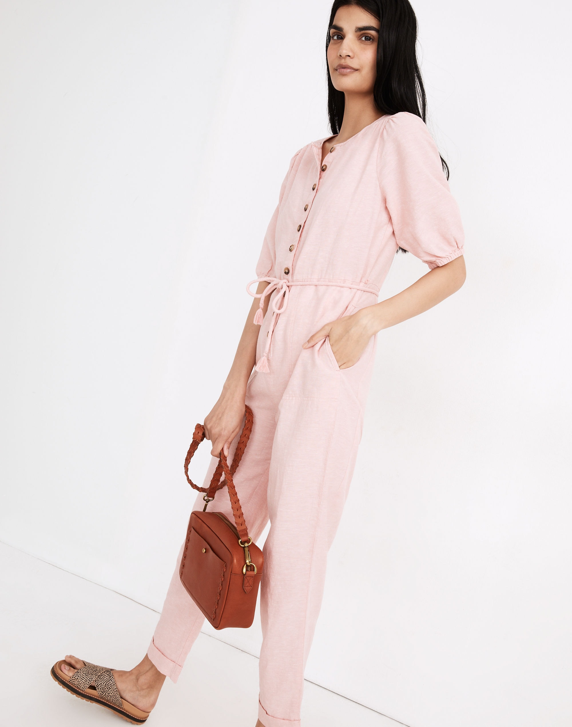 Linen-Blend Puff-Sleeve Tassel-Tie Jumpsuit