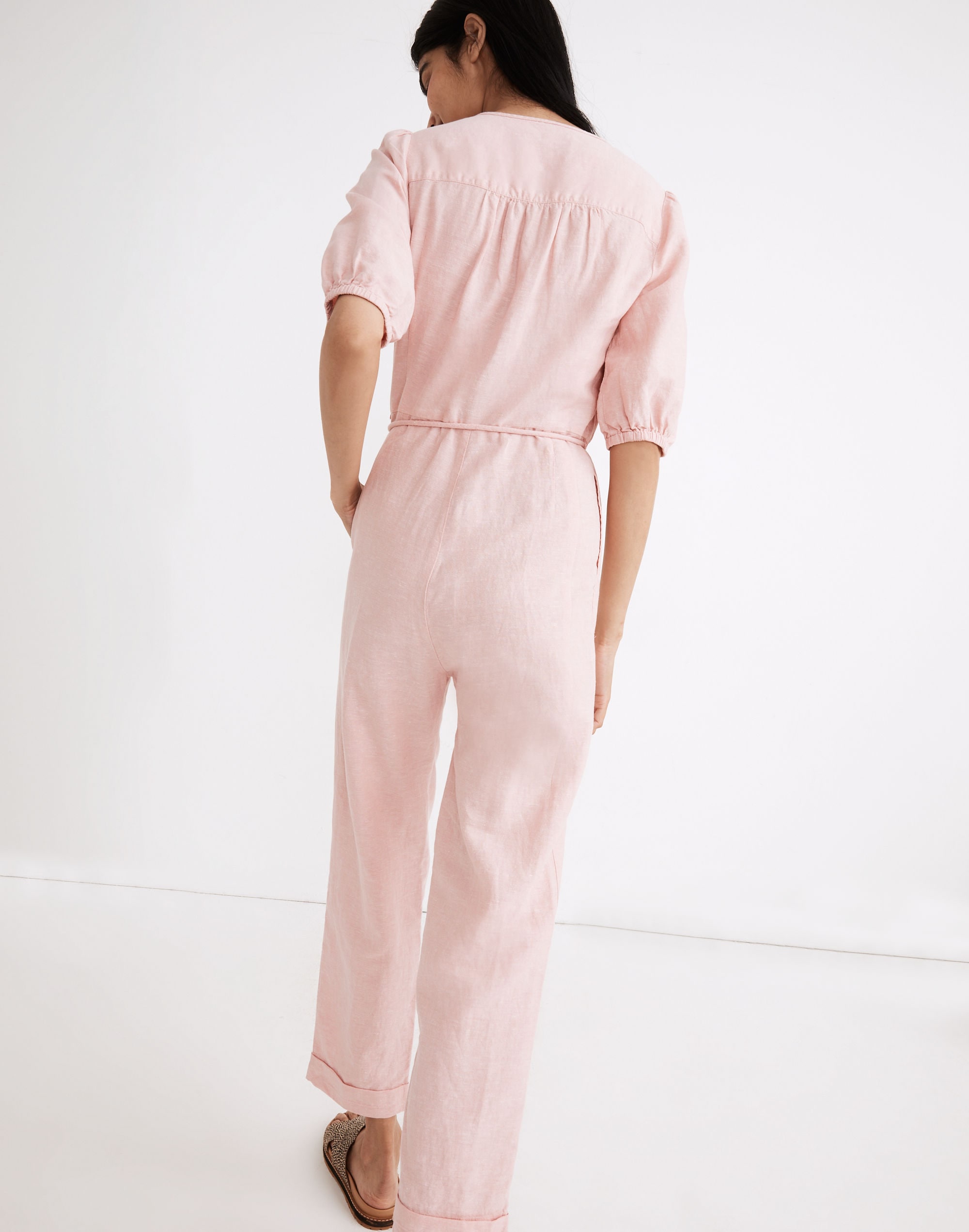 Linen-Blend Puff-Sleeve Tassel-Tie Jumpsuit