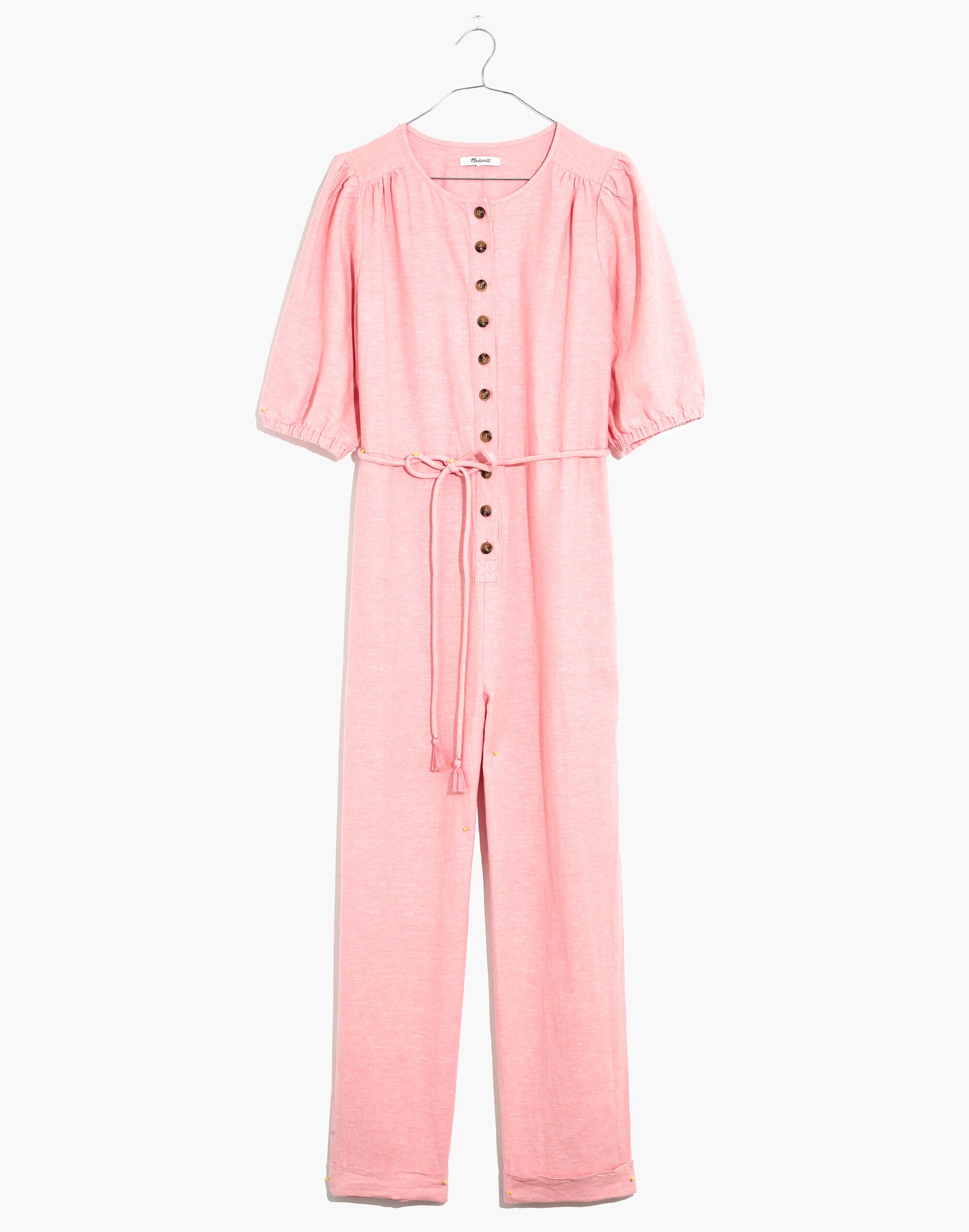 Linen-Blend Puff-Sleeve Tassel-Tie Jumpsuit