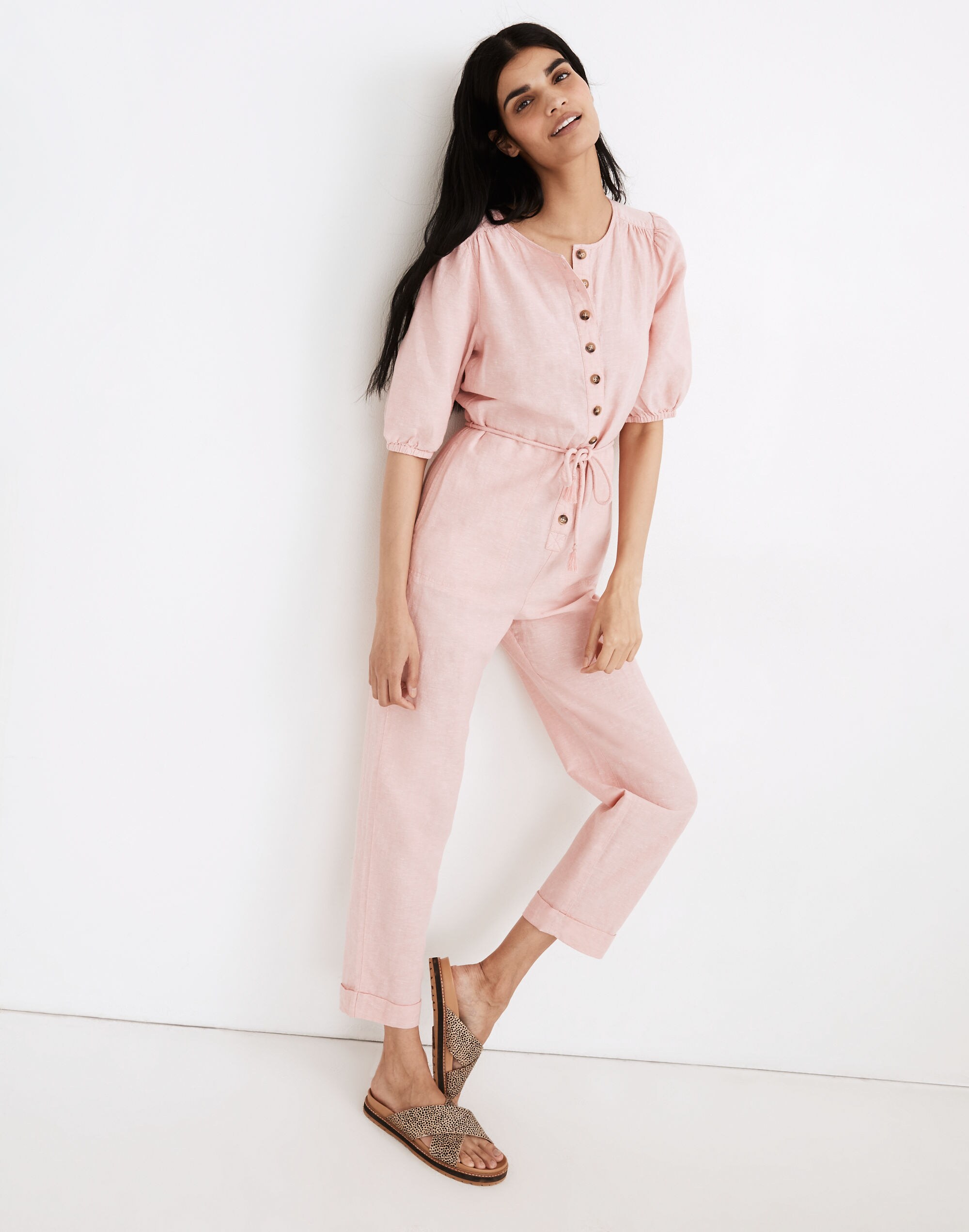 Linen-Blend Puff-Sleeve Tassel-Tie Jumpsuit