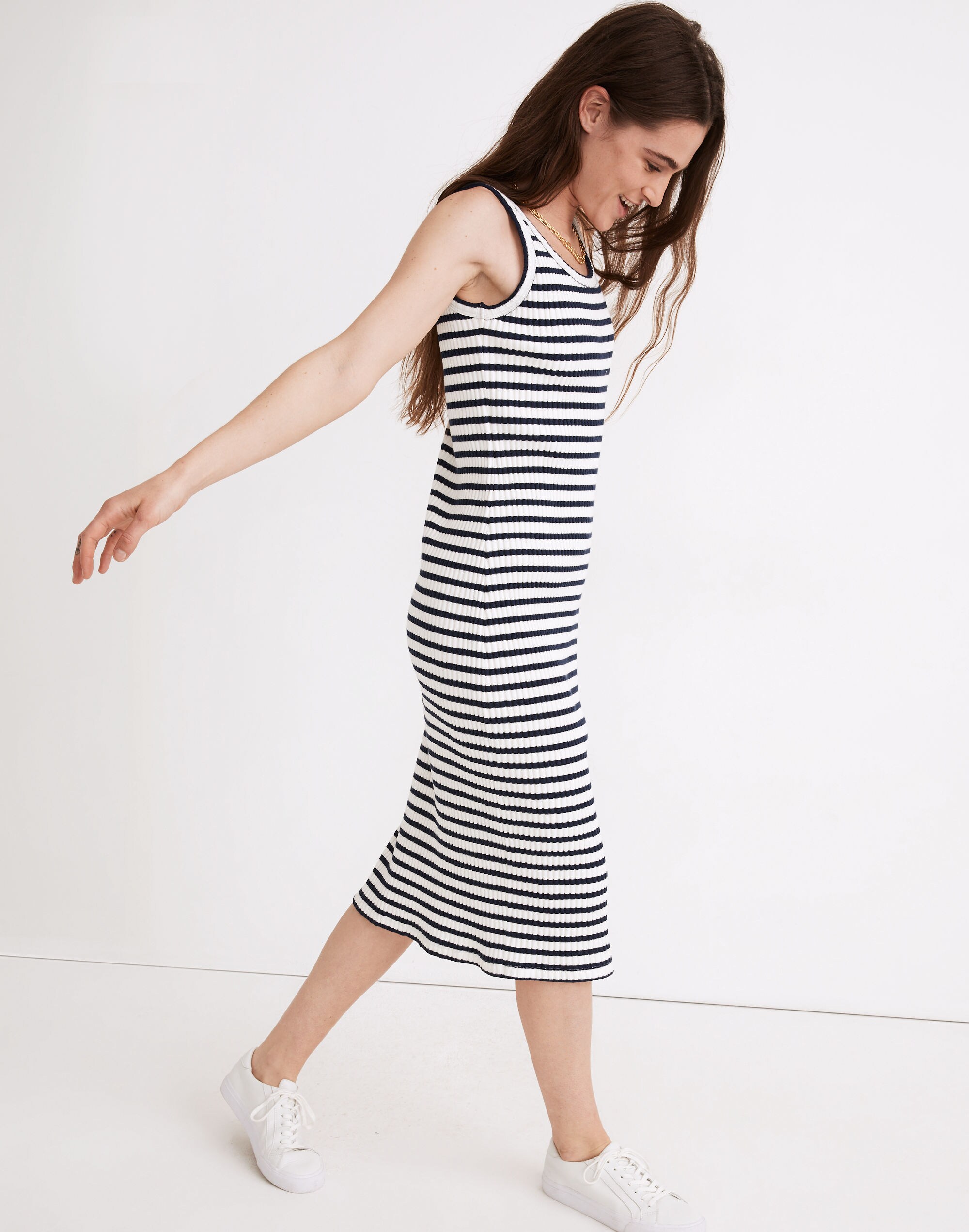 Ribbed Tank Scoop Midi Dress in Stripe