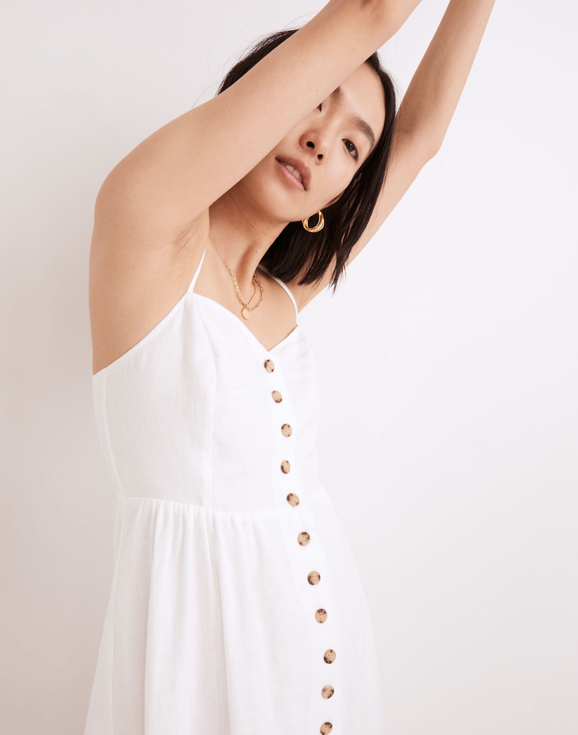 Linen-Cotton Cami Button-Front Midi Dress