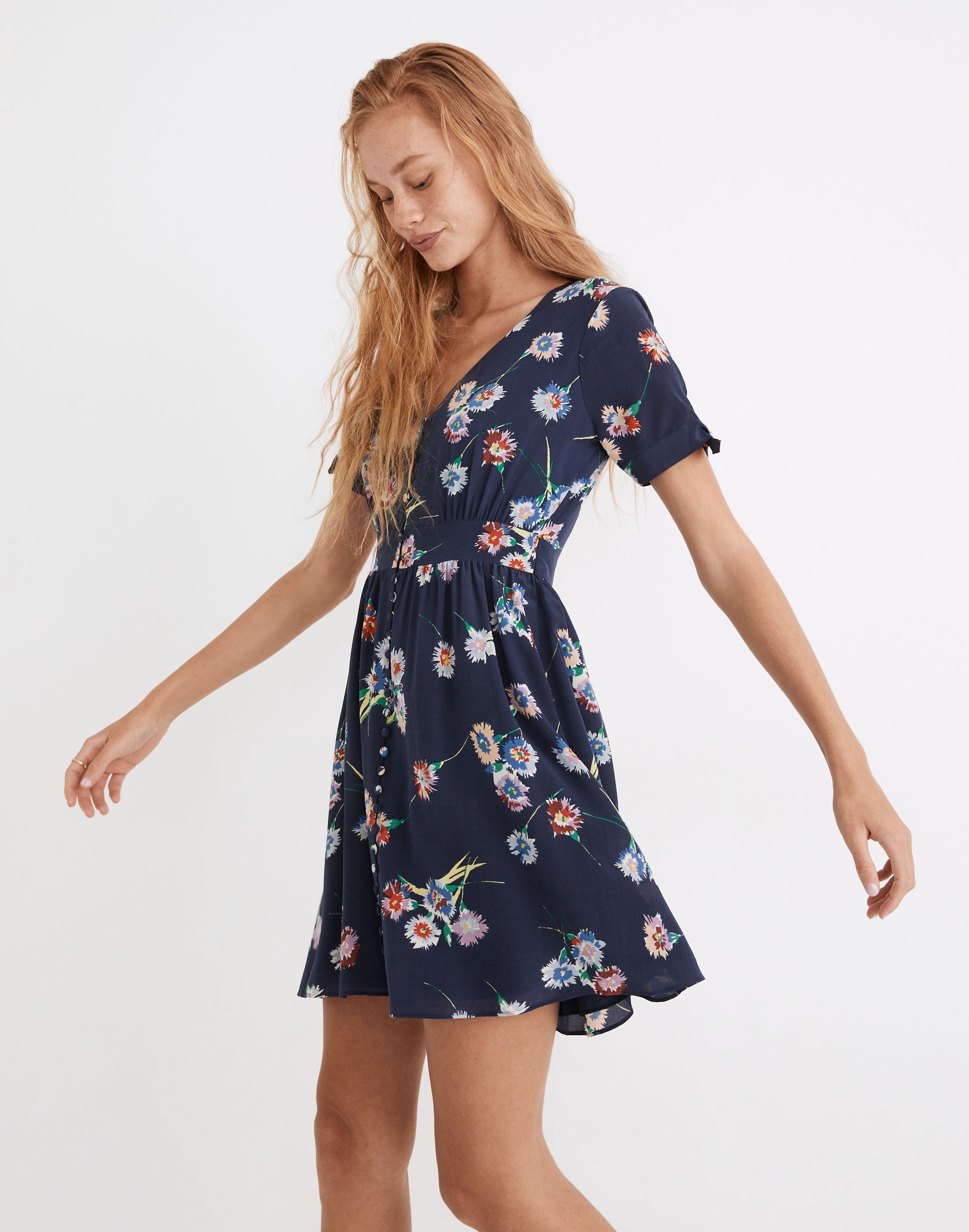Silk Button-Front Tie-Sleeve Retro Dress in Flutter-By Floral