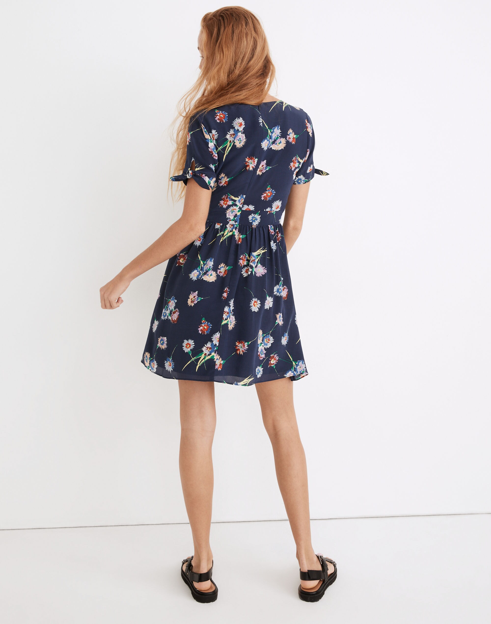 Silk Button-Front Tie-Sleeve Retro Dress in Flutter-By Floral