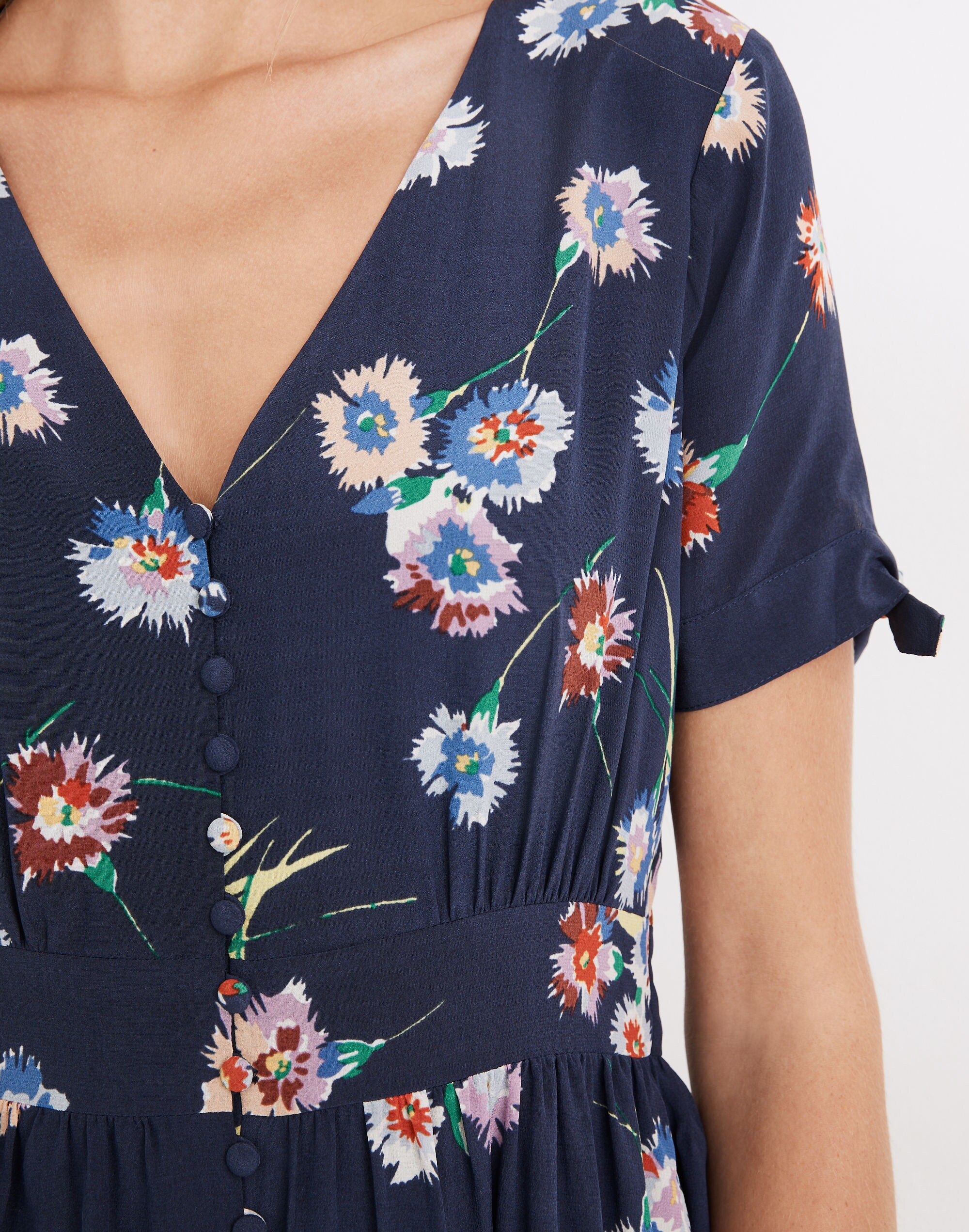 Silk Button-Front Tie-Sleeve Retro Dress in Flutter-By Floral