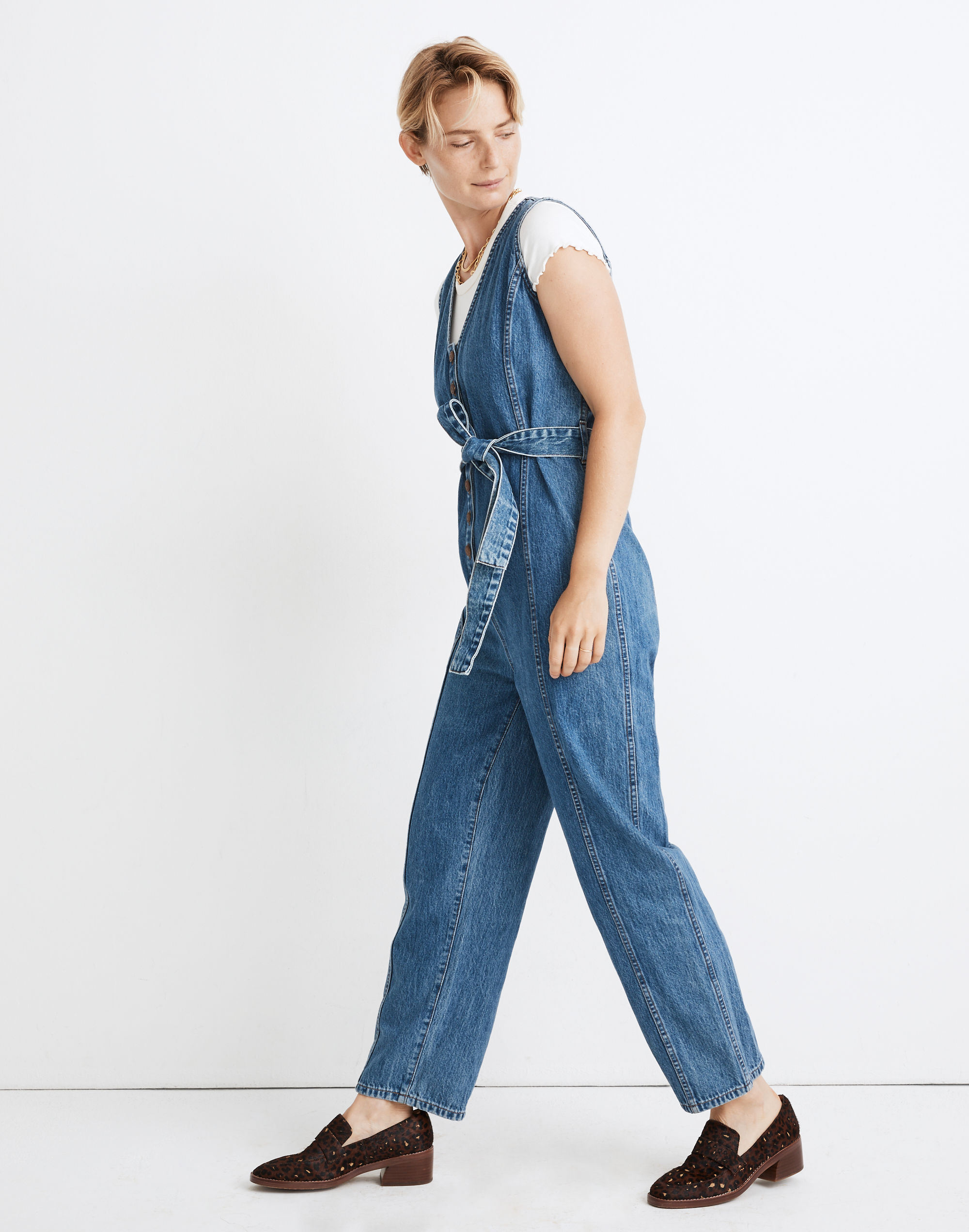 Denim Sleeveless Tie-Waist Jumpsuit in Belvoir Wash