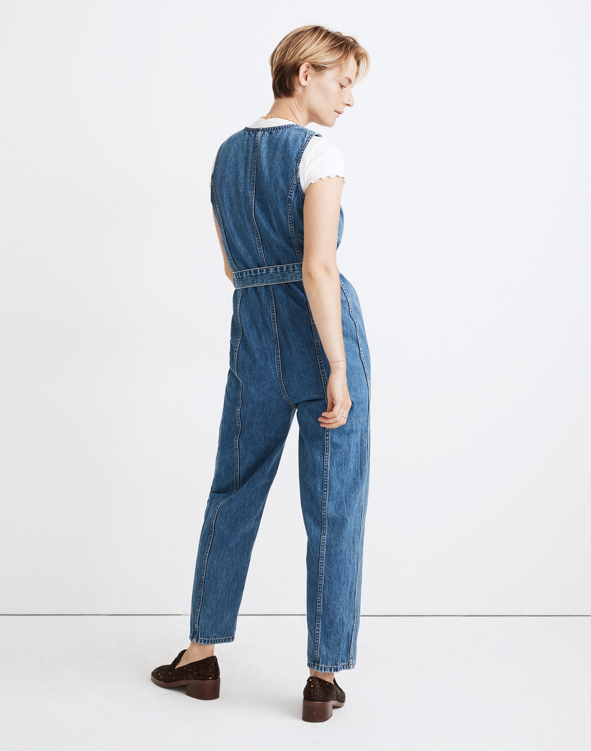 Denim Sleeveless Tie-Waist Jumpsuit in Belvoir Wash