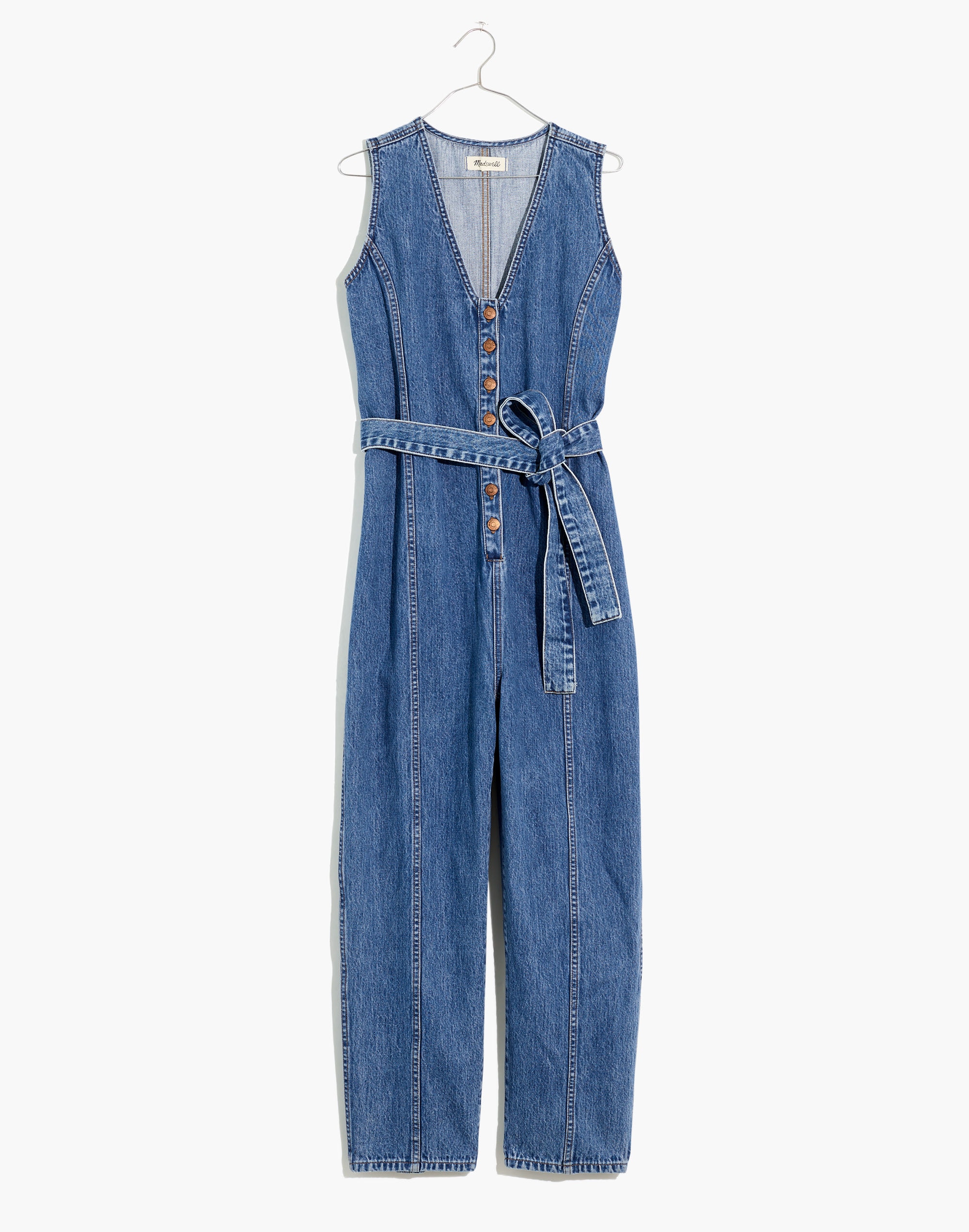 Denim Sleeveless Tie-Waist Jumpsuit in Belvoir Wash