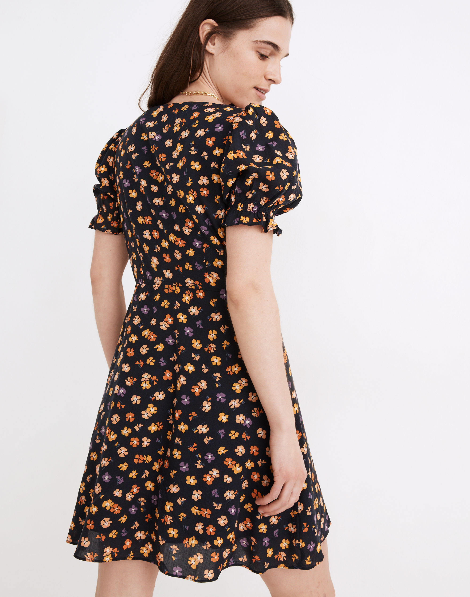 Smock-Sleeve Button-Front Mini Dress in Happy Hibiscus