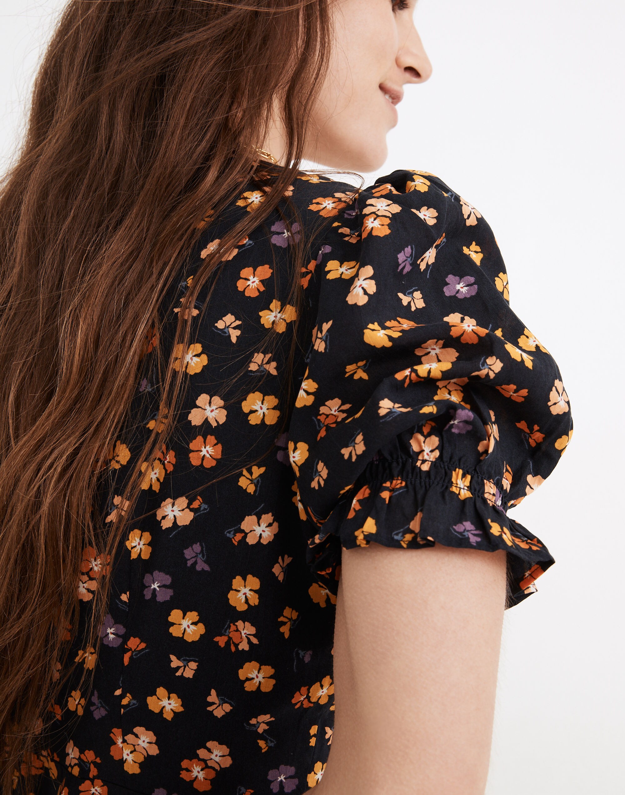 Smock-Sleeve Button-Front Mini Dress in Happy Hibiscus