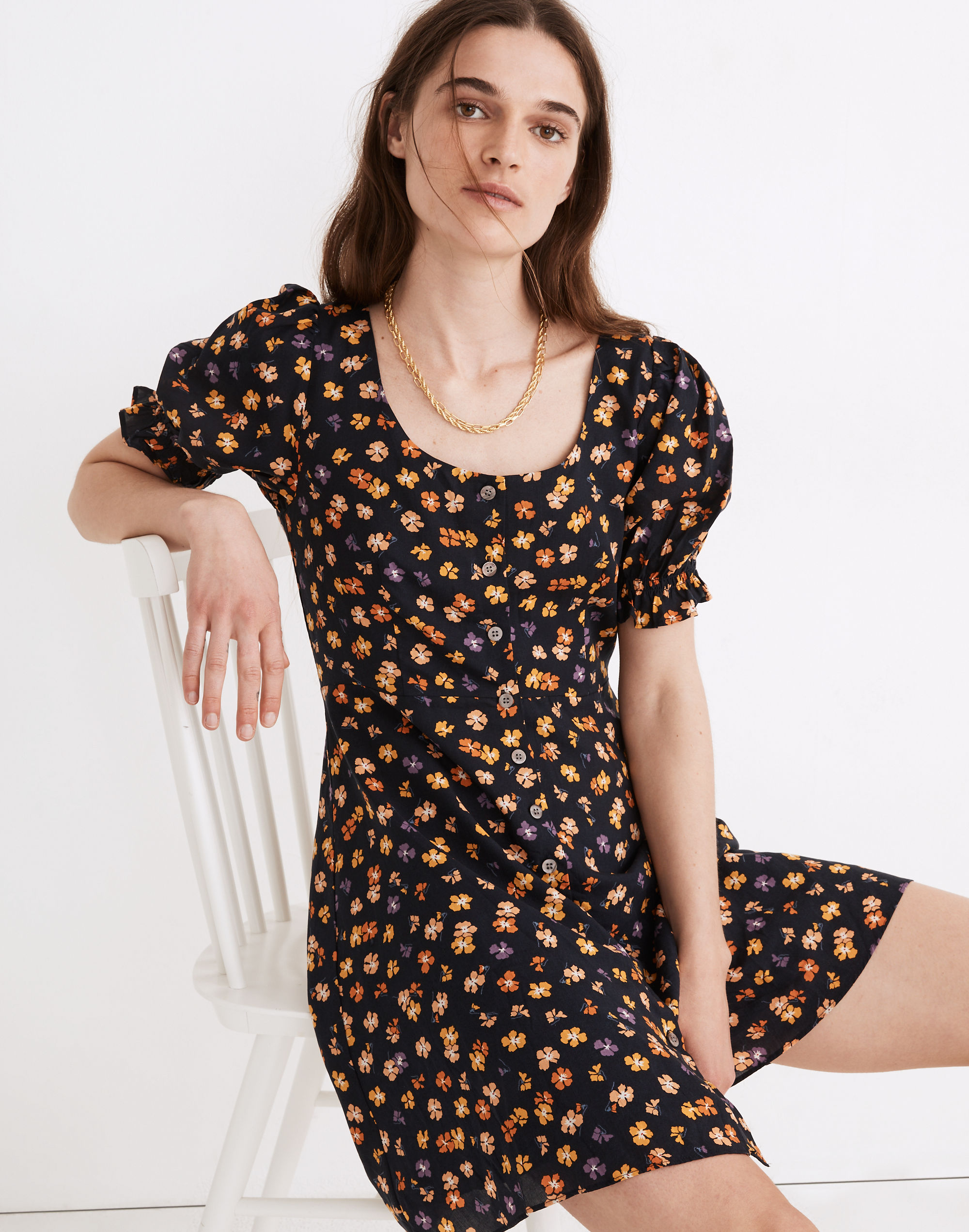 Smock-Sleeve Button-Front Mini Dress in Happy Hibiscus