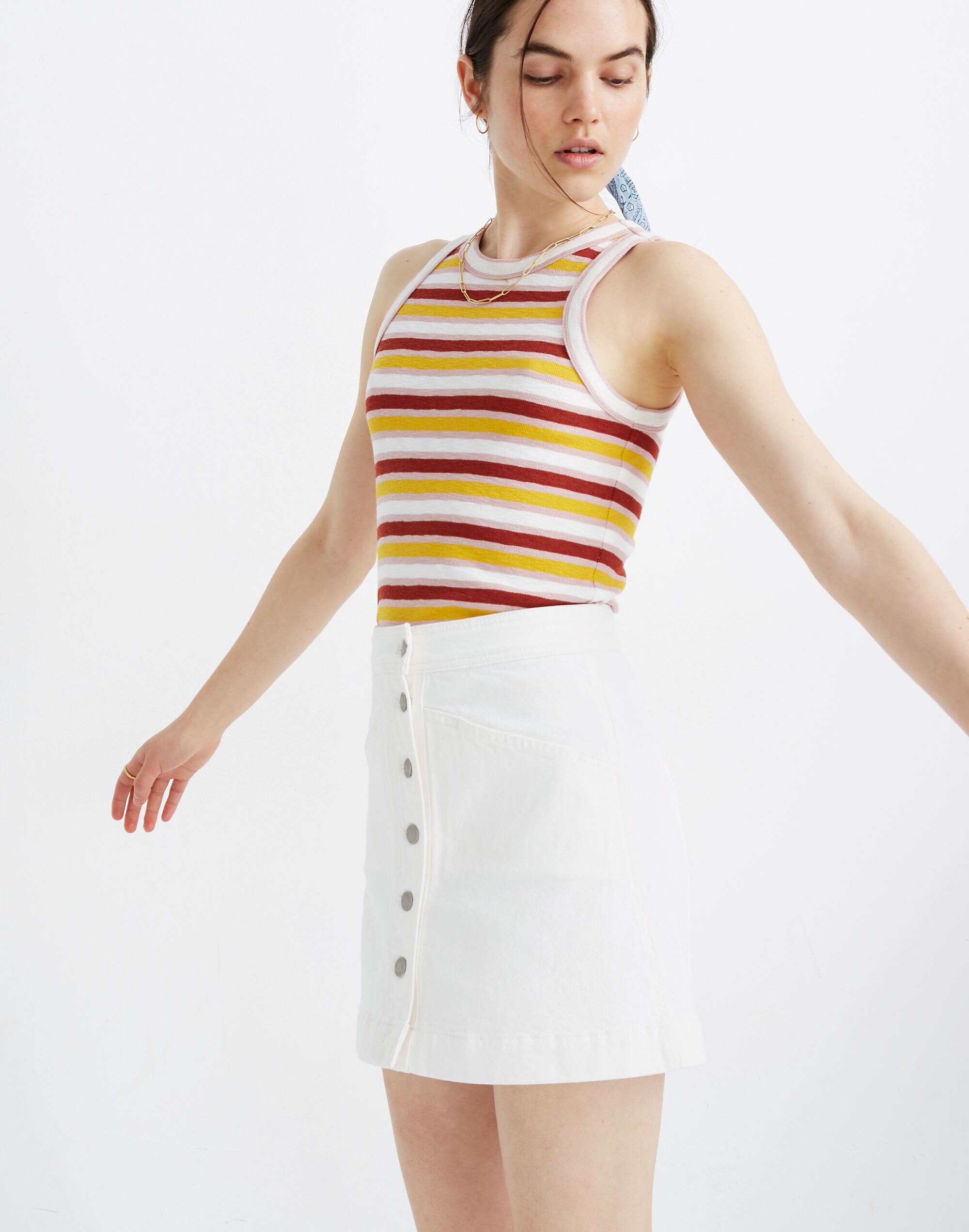 Stretch Denim A-Line Mini Skirt in Tile White: Button-Front Edition