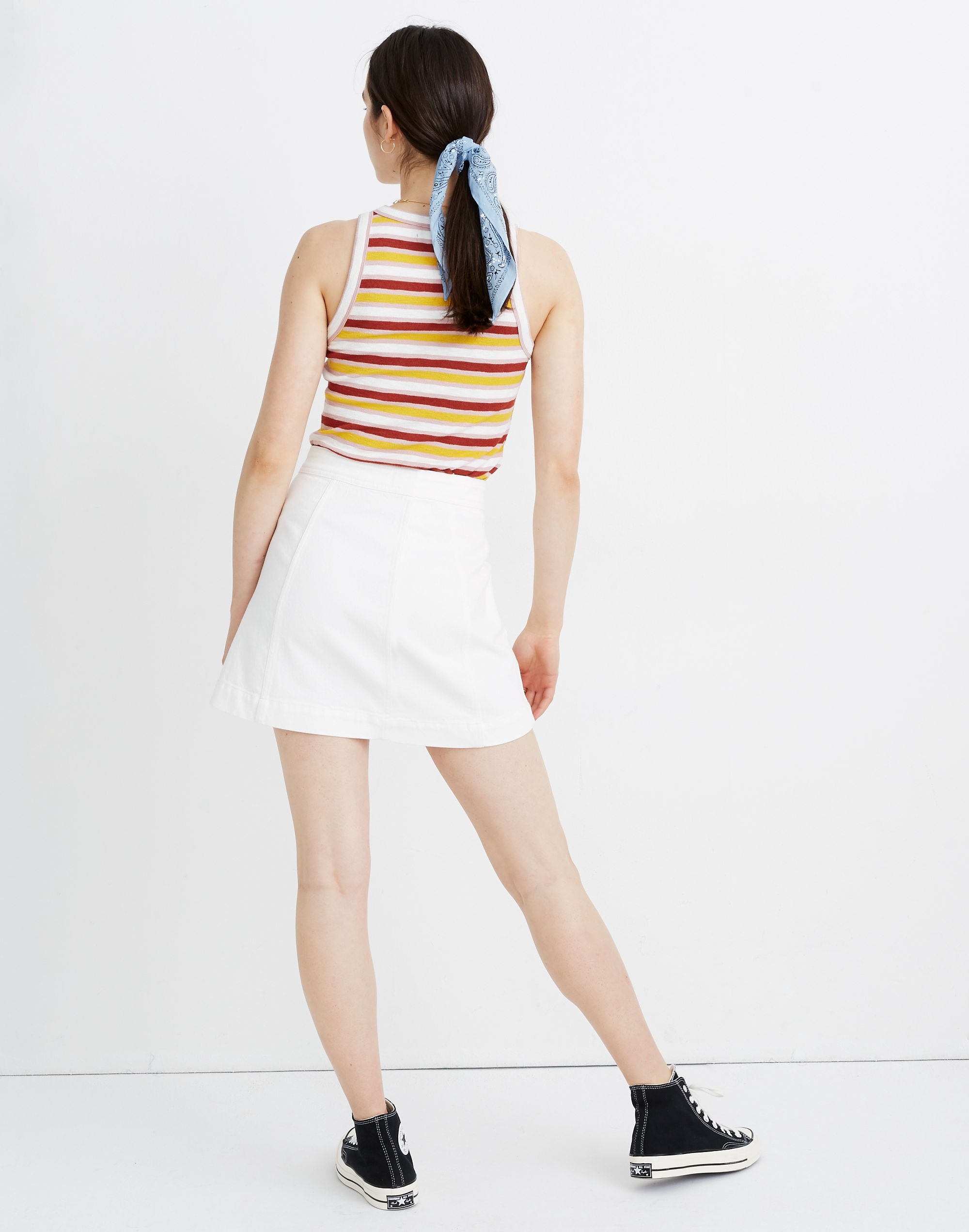 Stretch Denim A-Line Mini Skirt in Tile White: Button-Front Edition