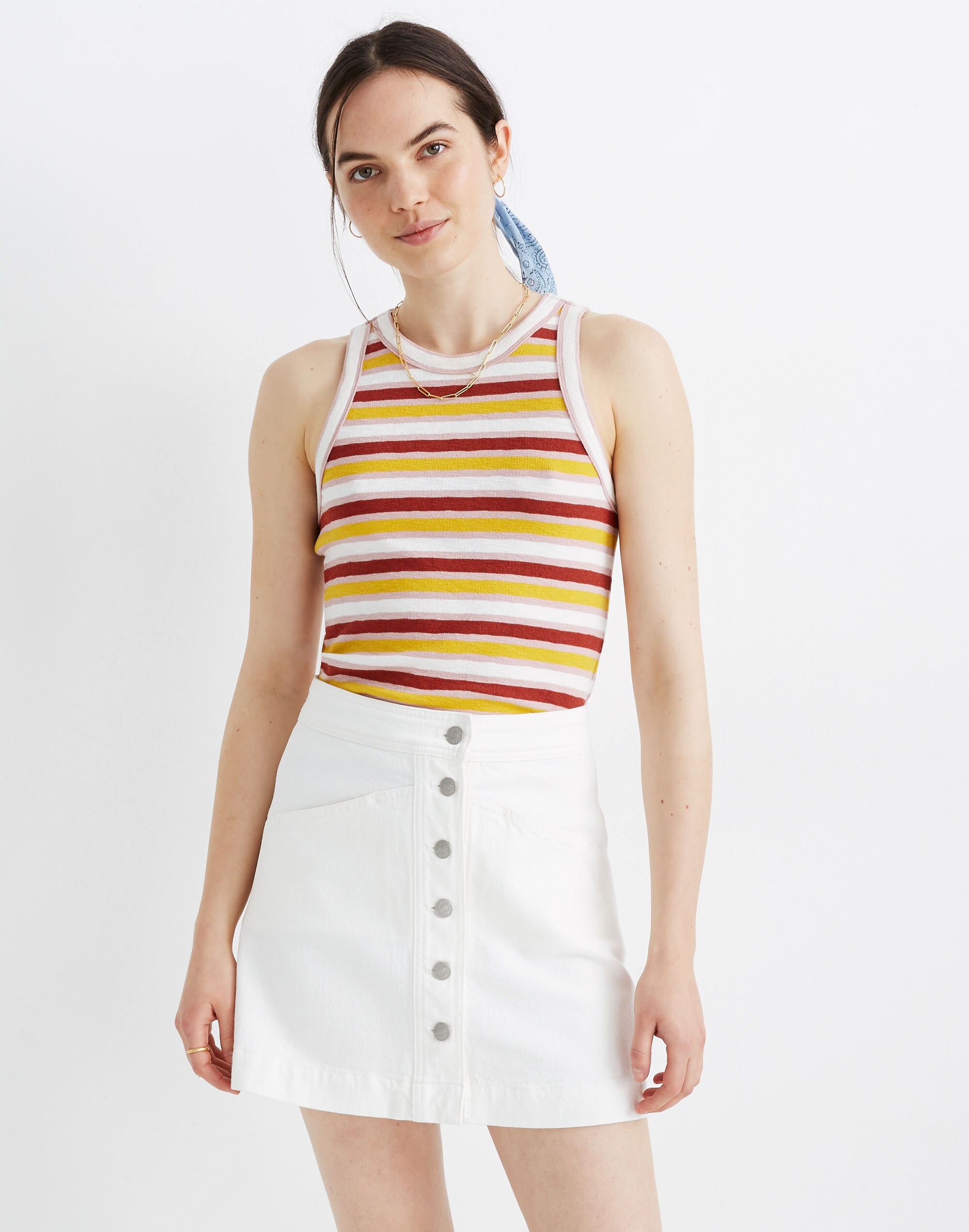 Stretch Denim A-Line Mini Skirt in Tile White: Button-Front Edition