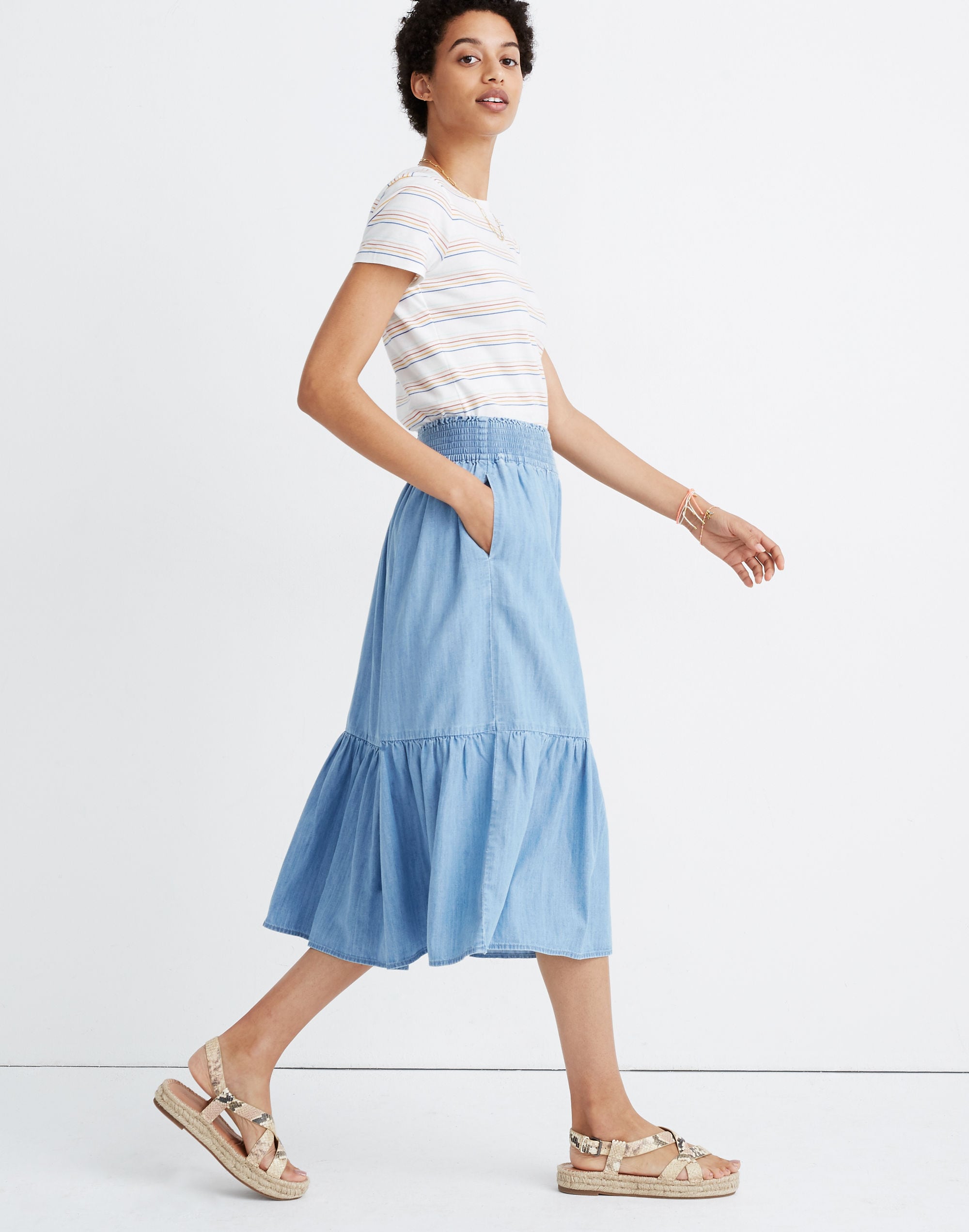 Chambray Smocked-Waist Ruffle-Hem Midi Skirt
