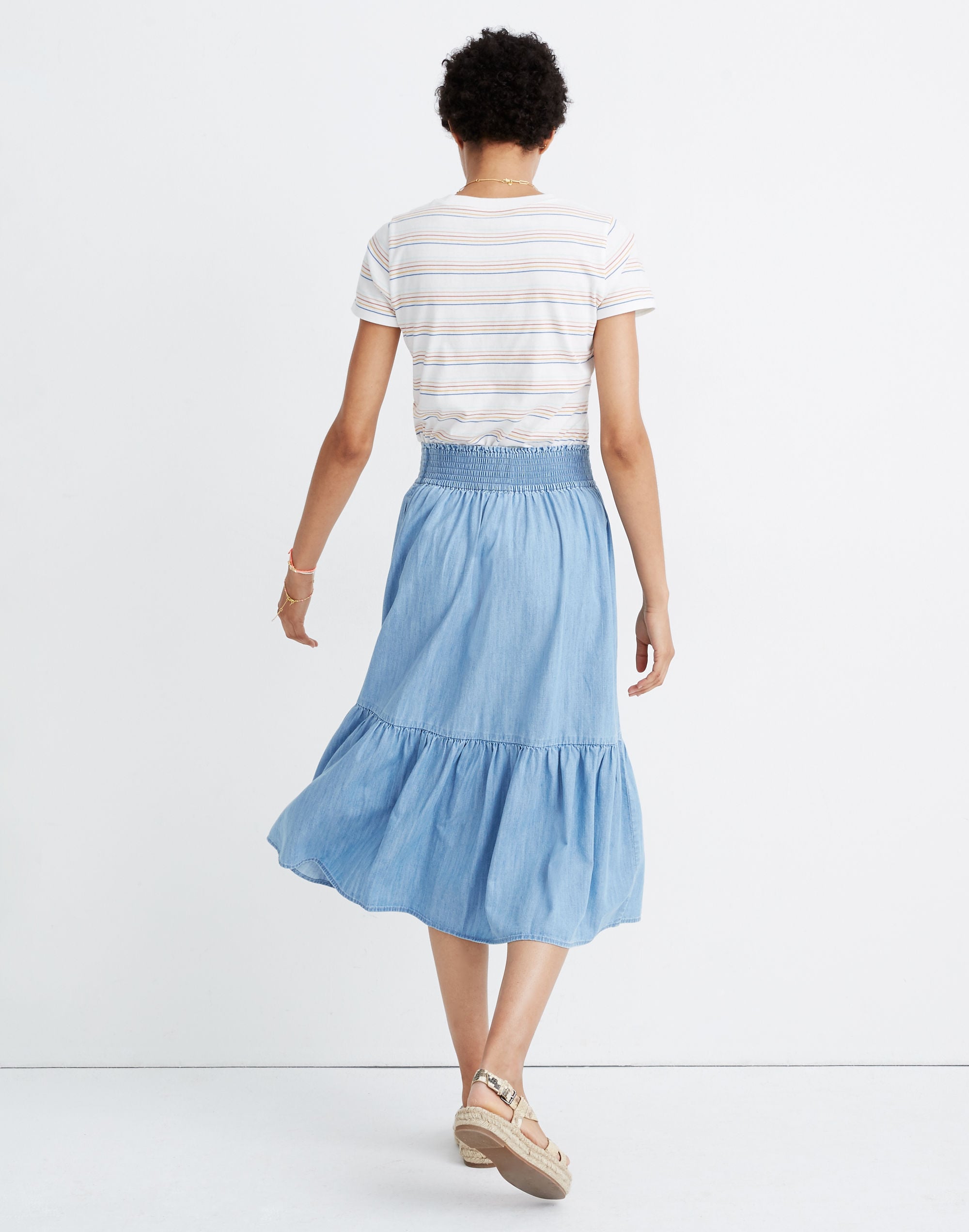 Chambray Smocked-Waist Ruffle-Hem Midi Skirt