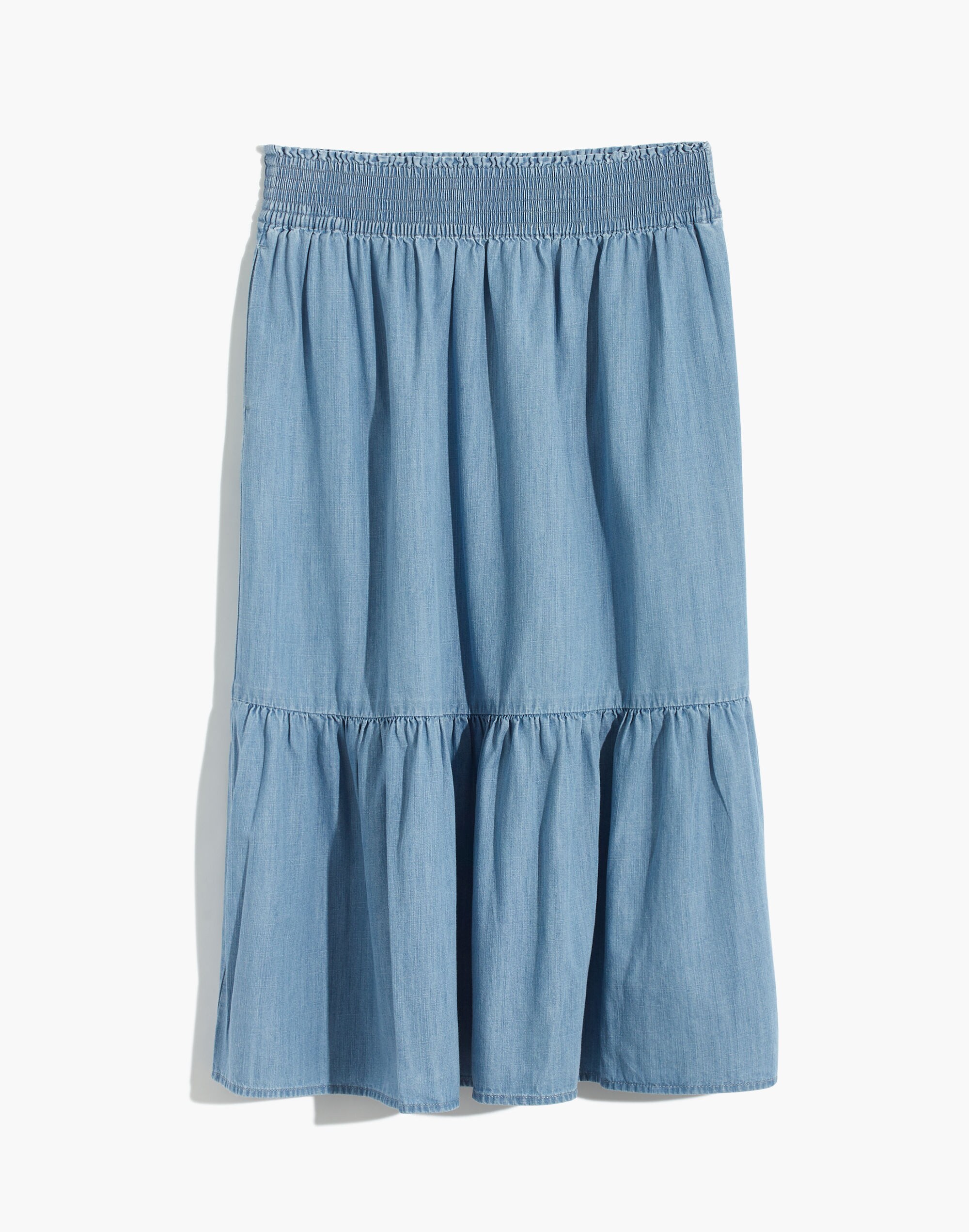 Chambray Smocked-Waist Ruffle-Hem Midi Skirt