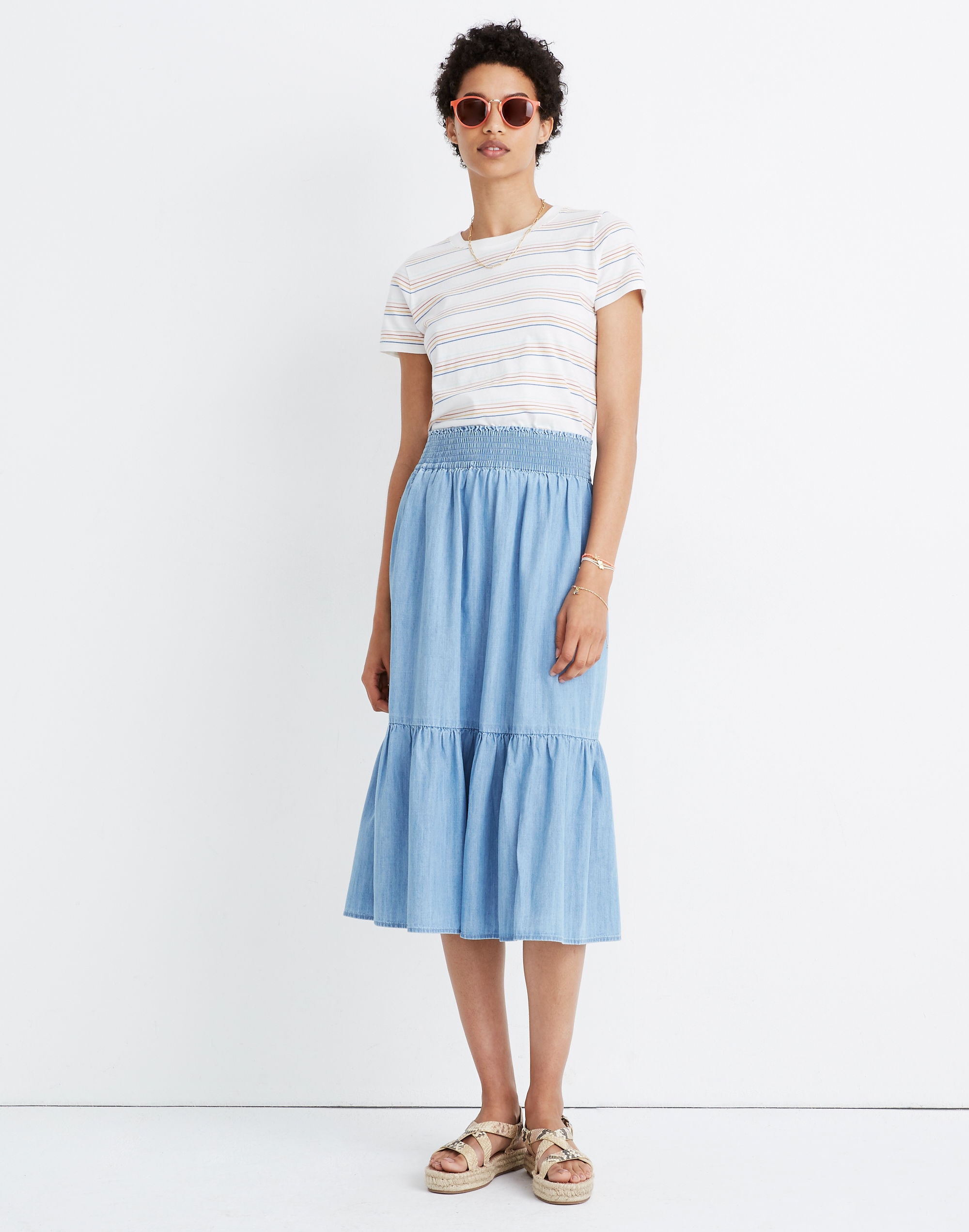 chambray smocked-waist ruffle-hem midi skirt