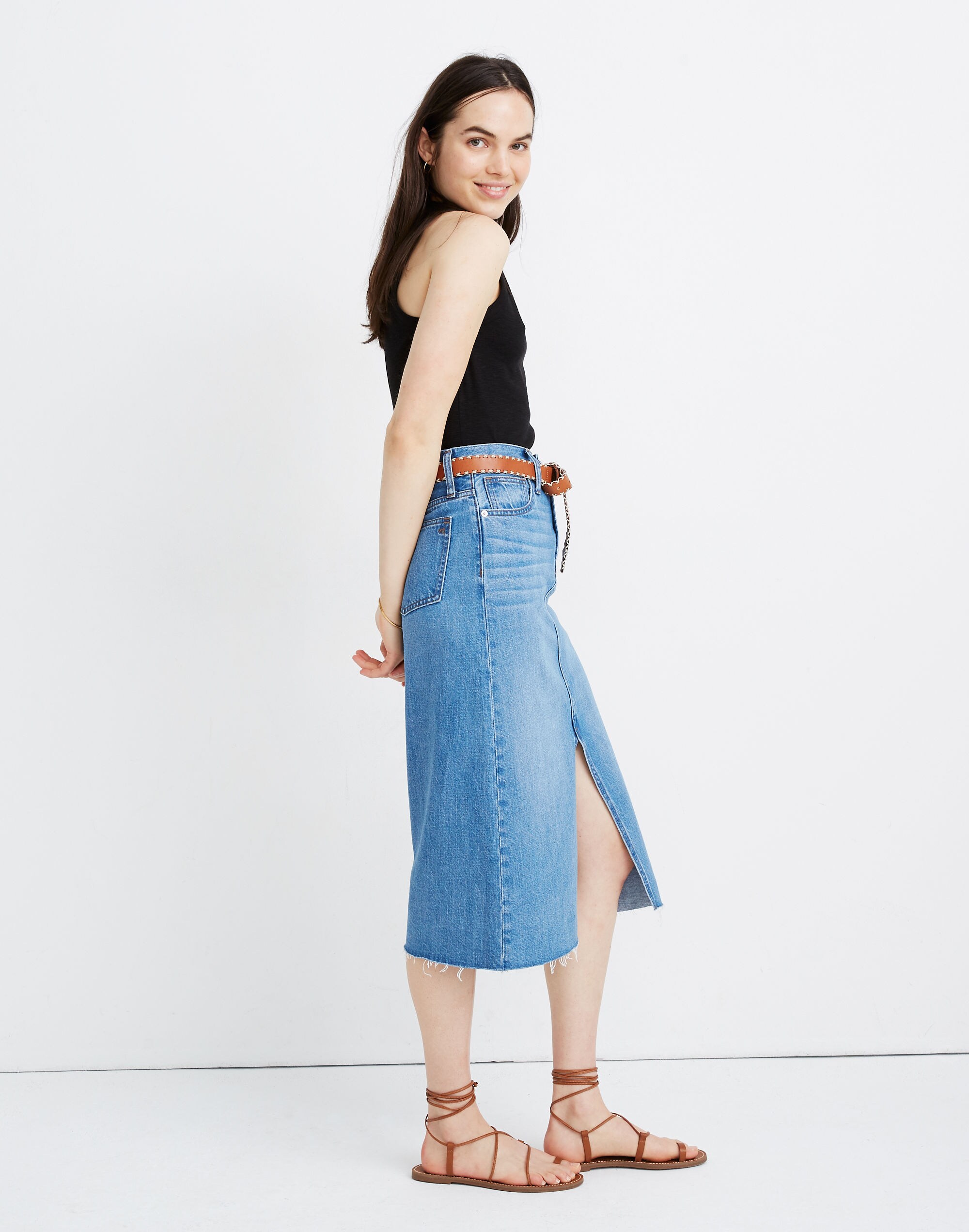 Rigid Denim A-Line Midi Skirt in Carrick Wash