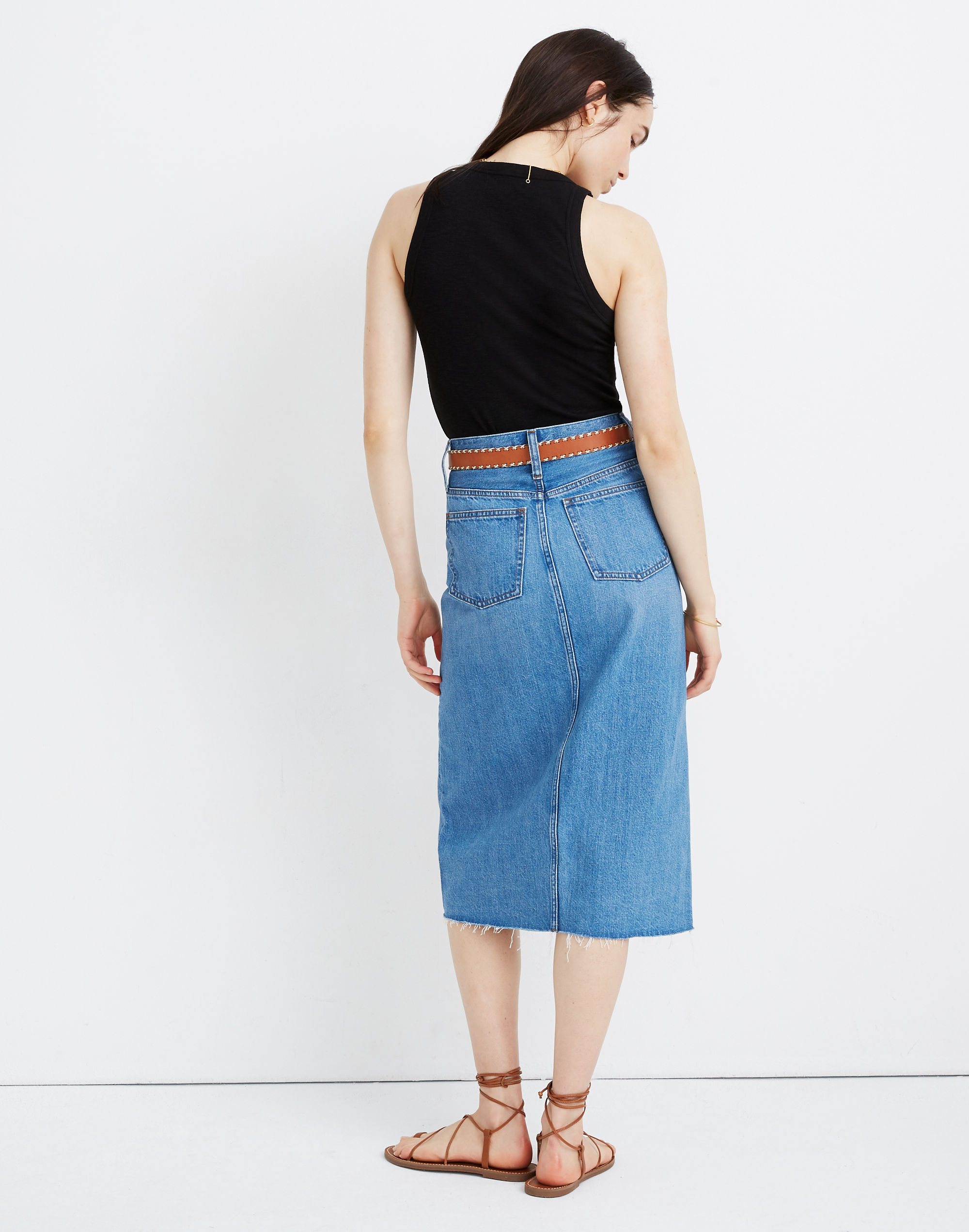 Rigid Denim A-Line Midi Skirt in Carrick Wash