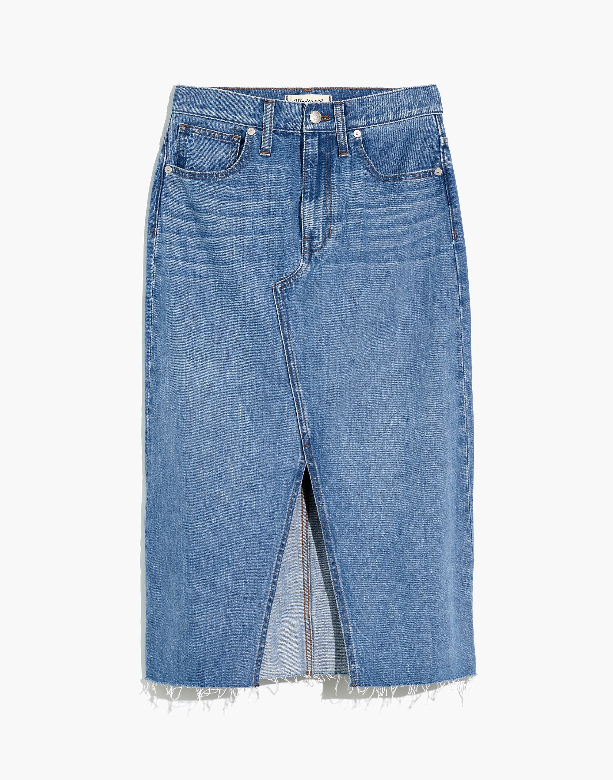 Rigid Denim A-Line Midi Skirt in Carrick Wash