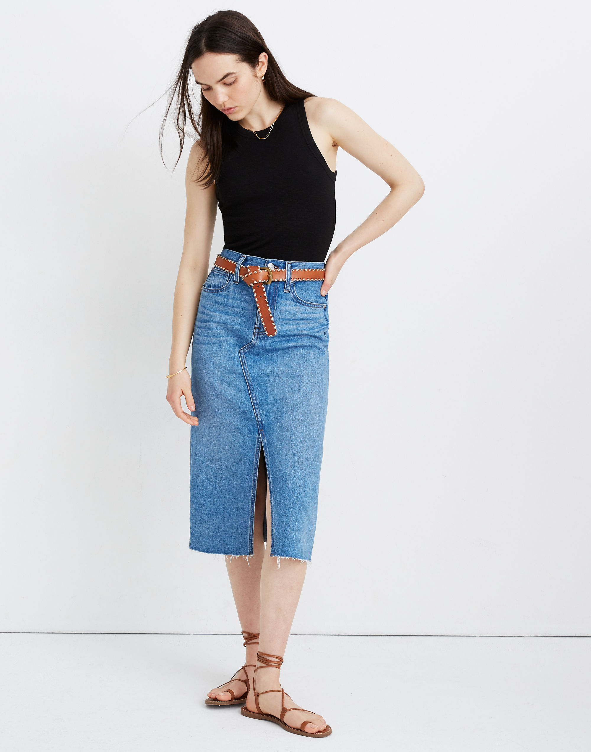 Rigid Denim A-Line Midi Skirt in Carrick Wash