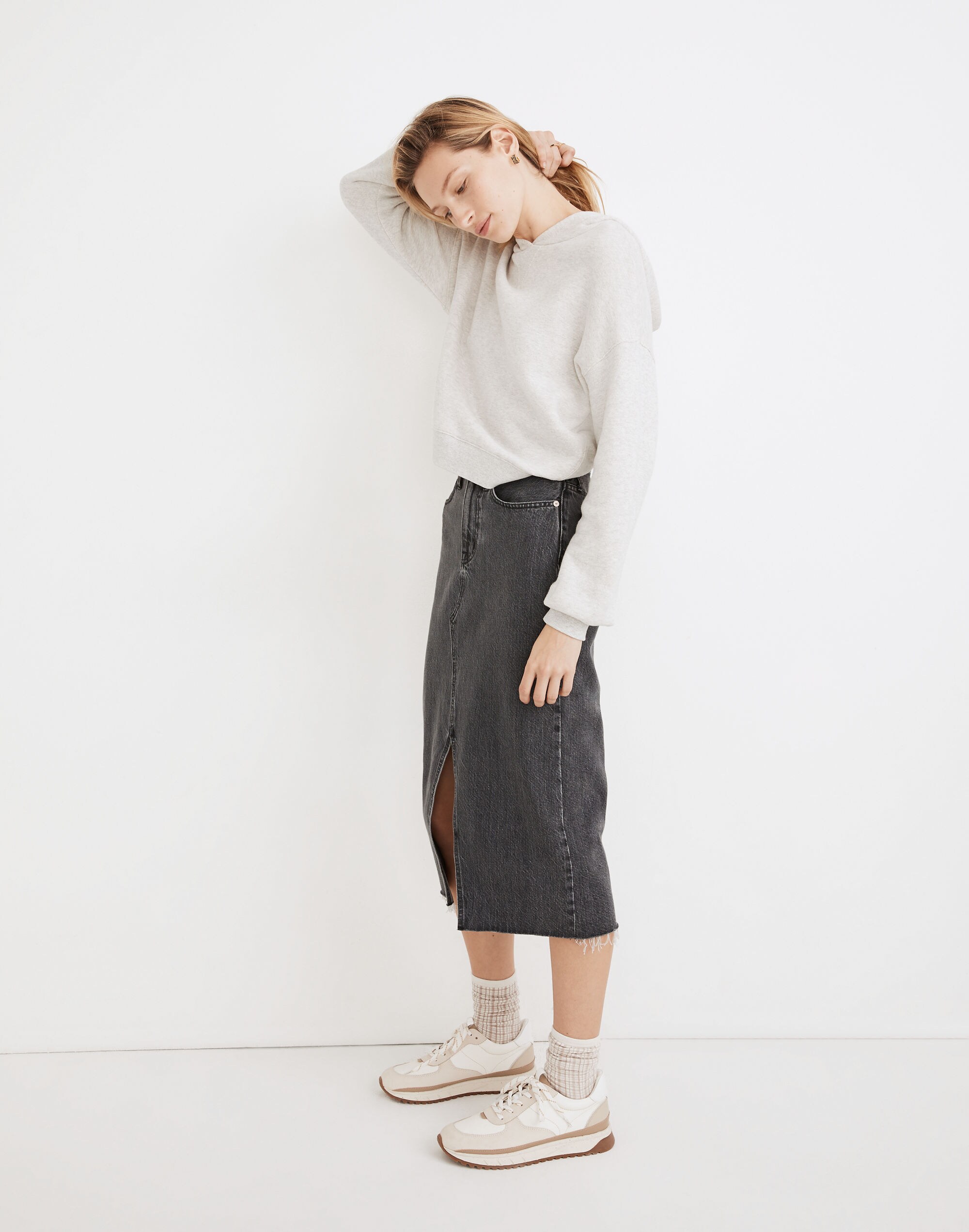 Rigid Denim A-Line Midi Skirt in Castlerock Wash