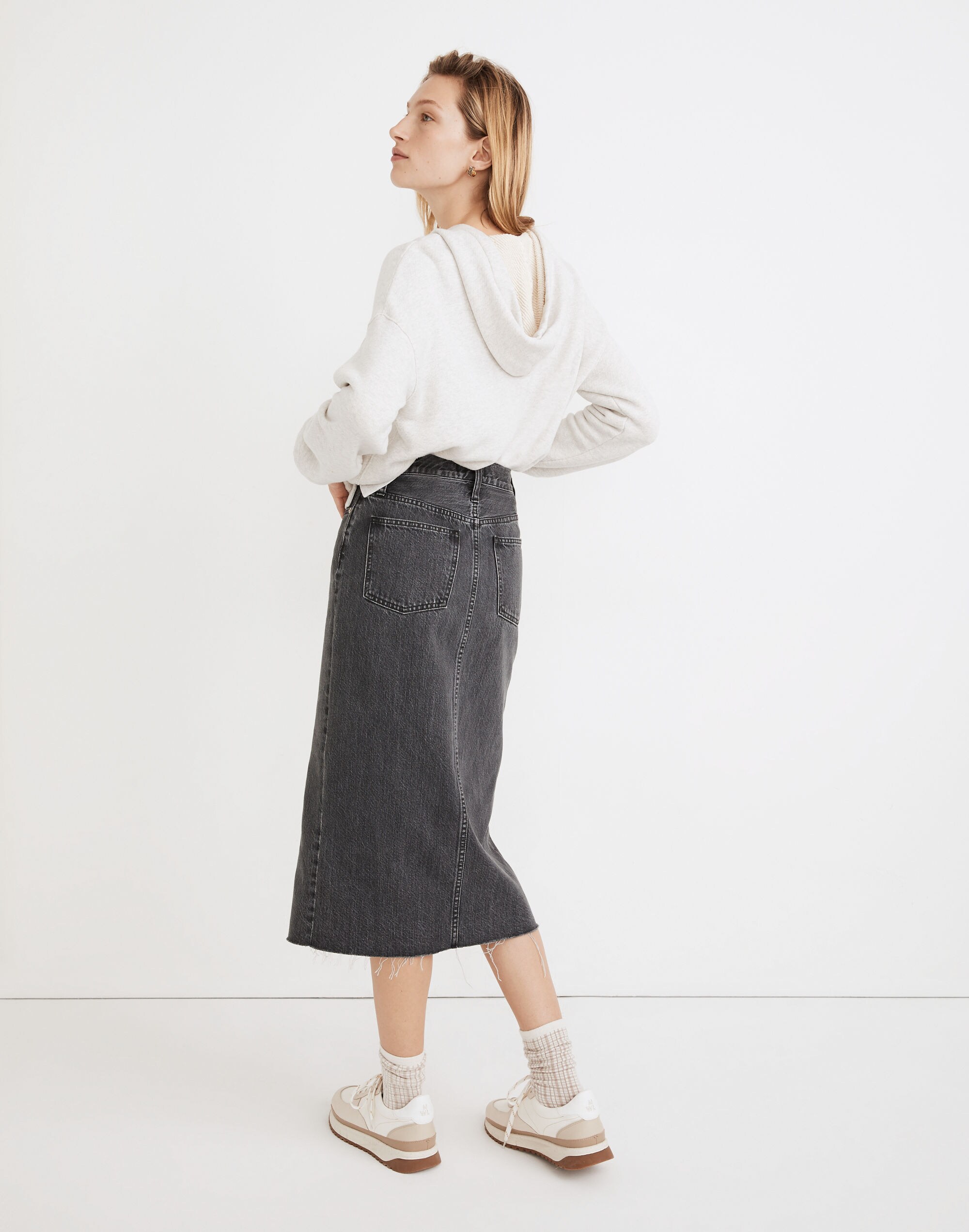 Rigid Denim A-Line Midi Skirt in Castlerock Wash