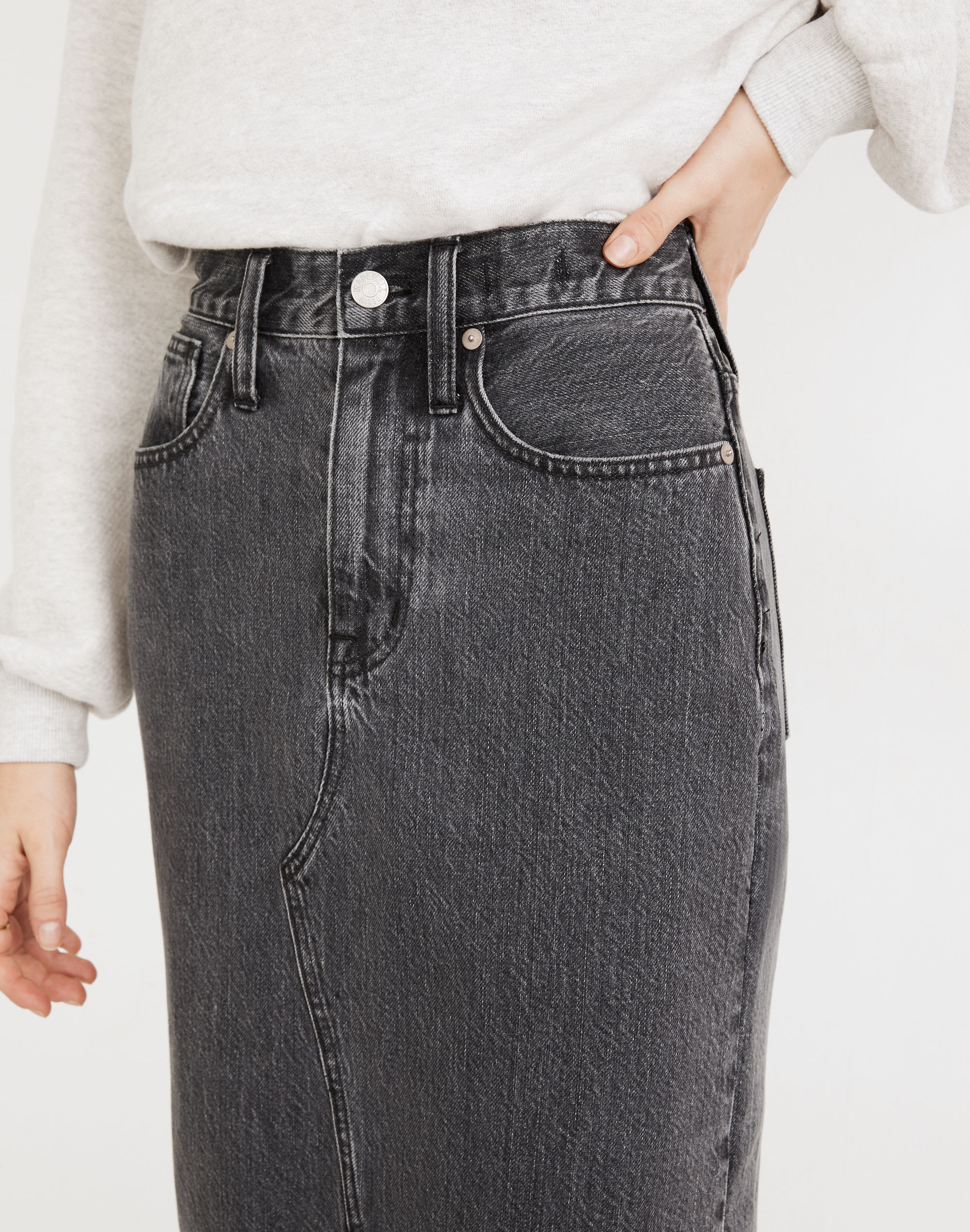 Rigid Denim A-Line Midi Skirt in Castlerock Wash