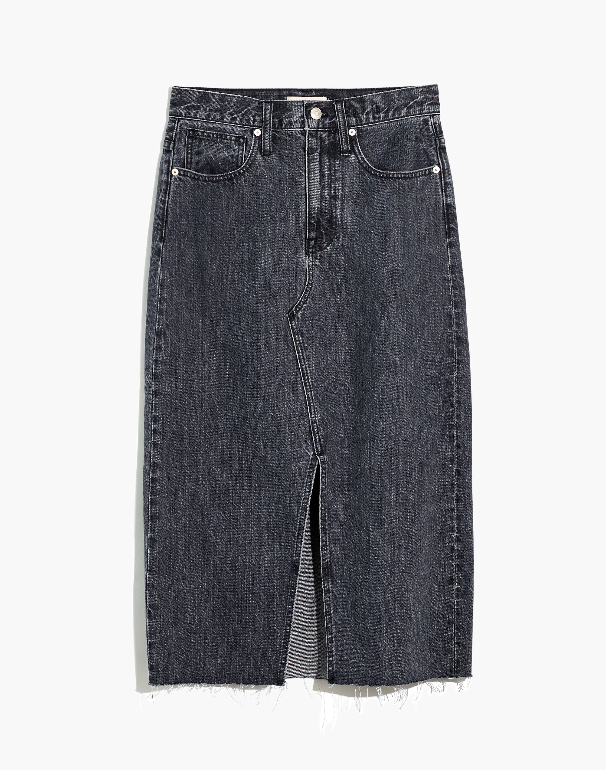 Rigid Denim A-Line Midi Skirt in Castlerock Wash