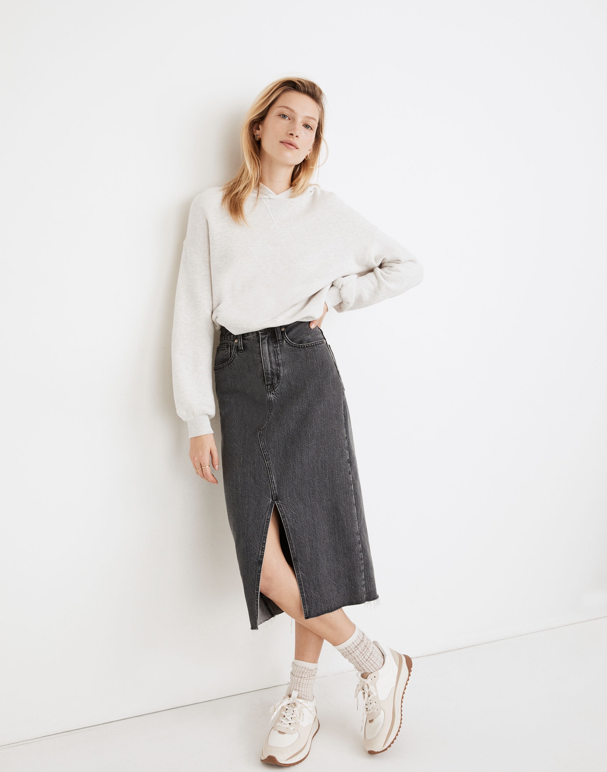 Rigid Denim A-Line Midi Skirt in Castlerock Wash