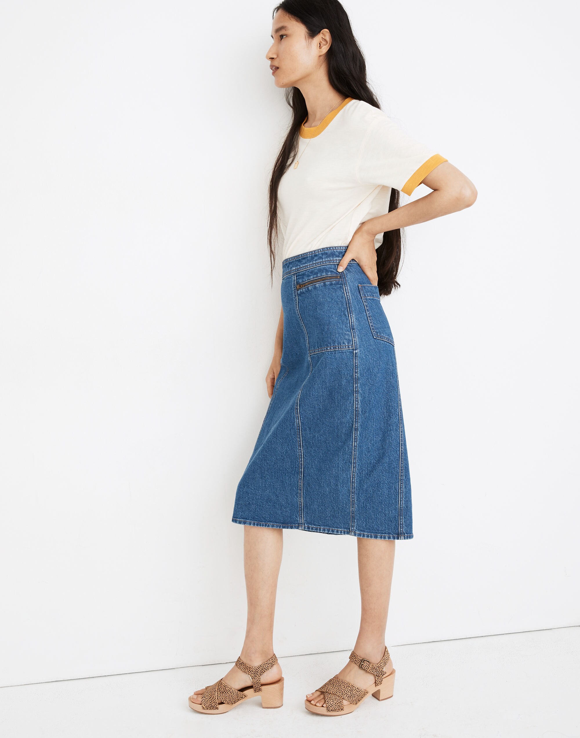 Stretch Denim Midi Pencil Skirt
