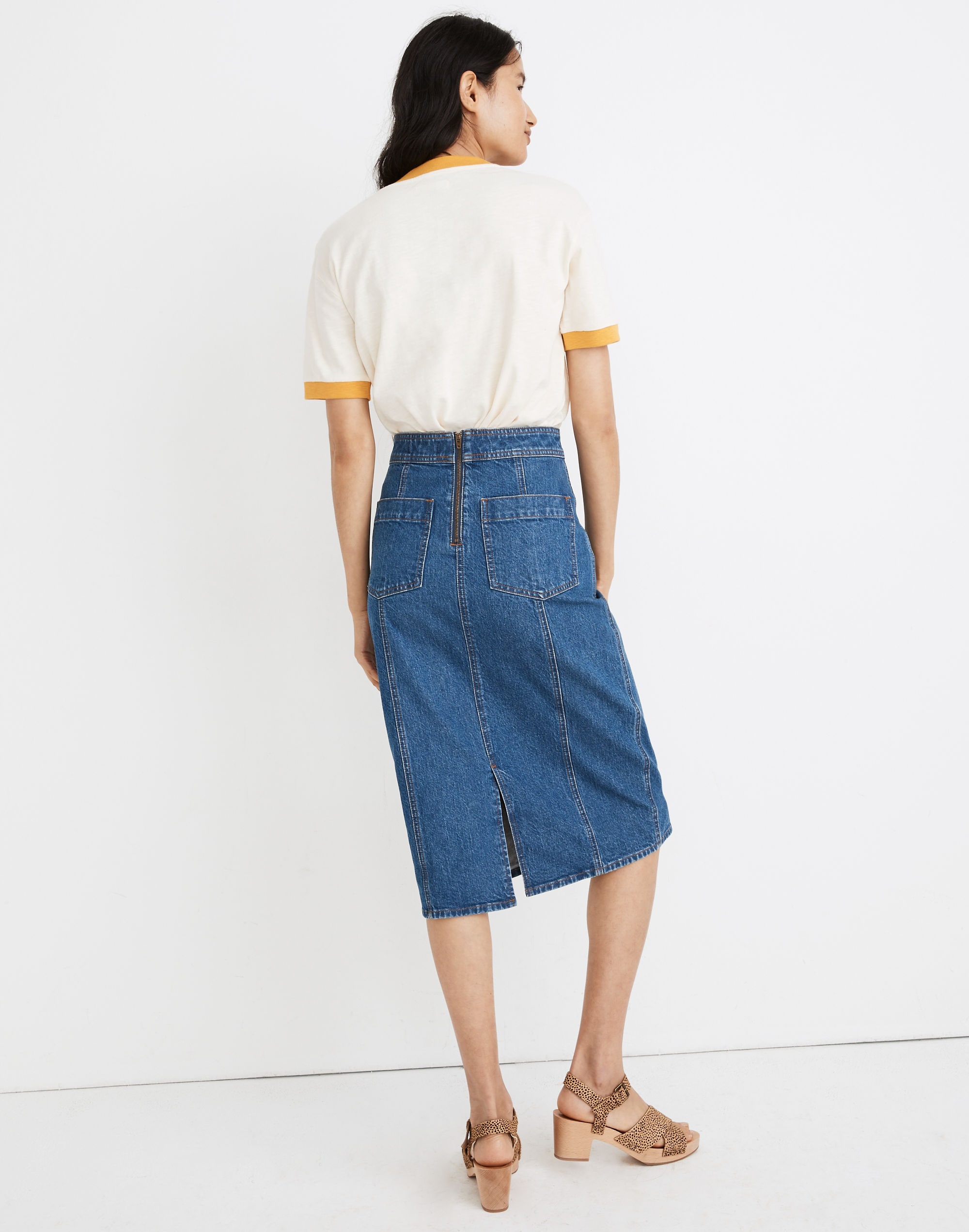 Stretch Denim Midi Pencil Skirt
