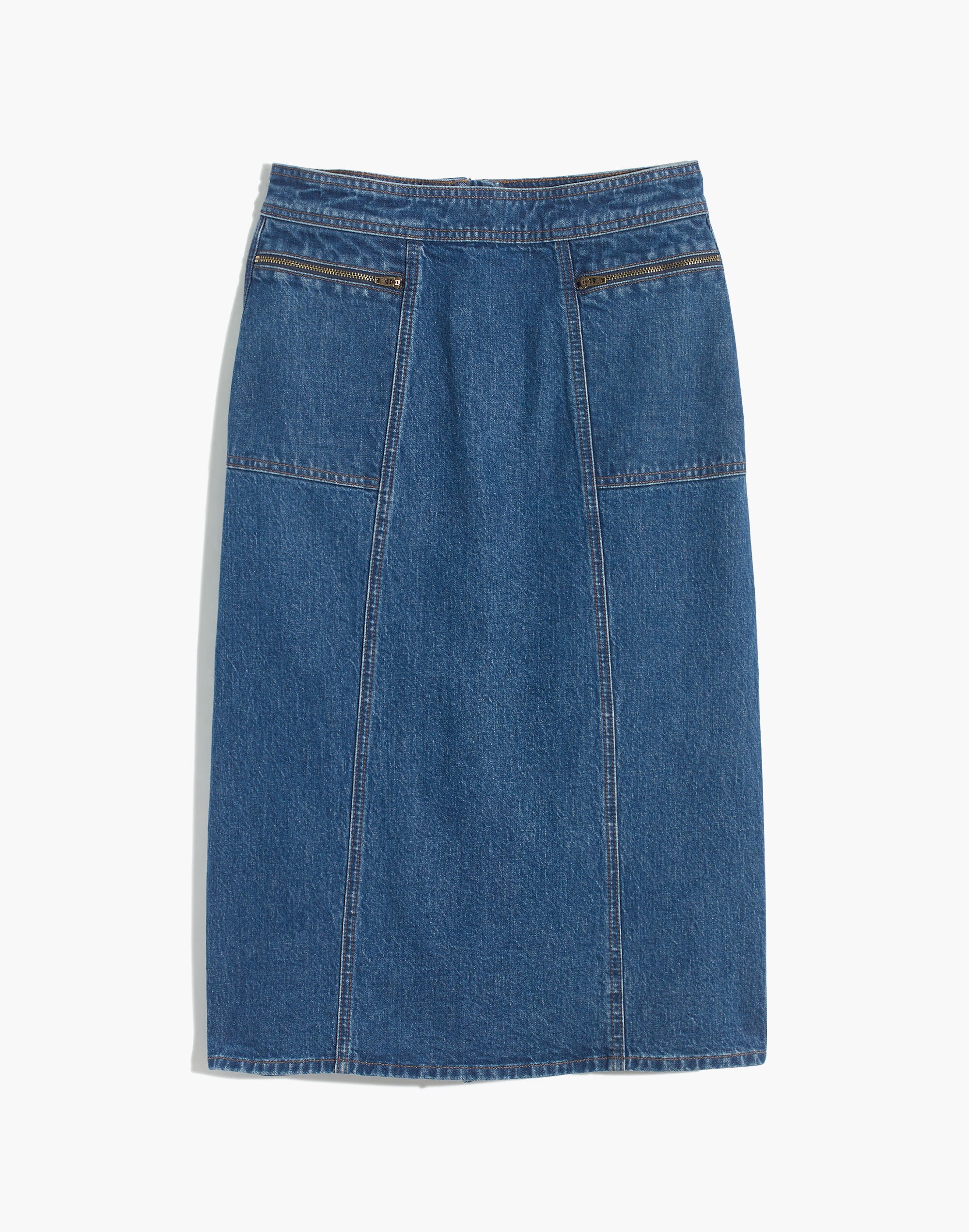 Stretch Denim Midi Pencil Skirt