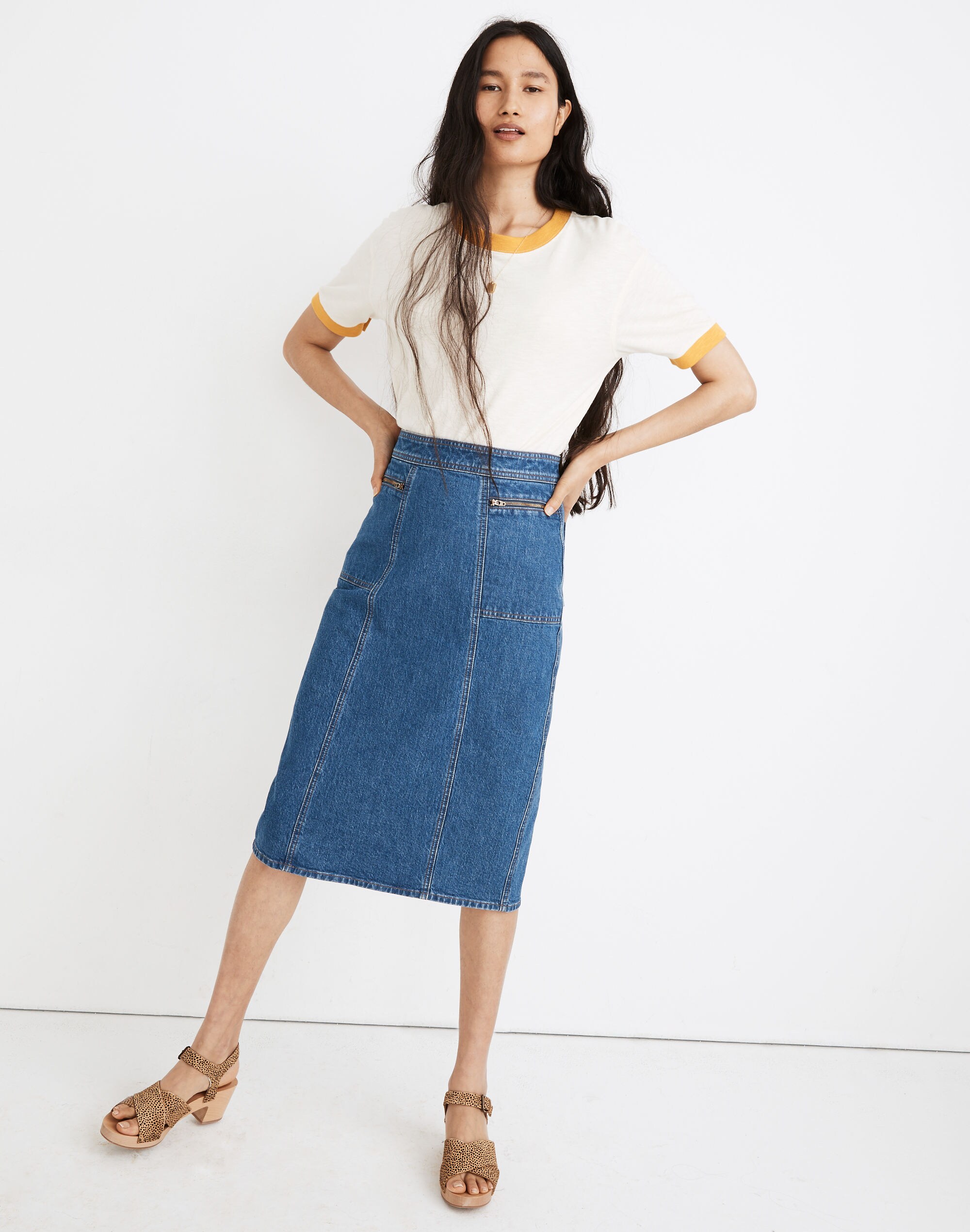 Stretch Denim Midi Pencil Skirt