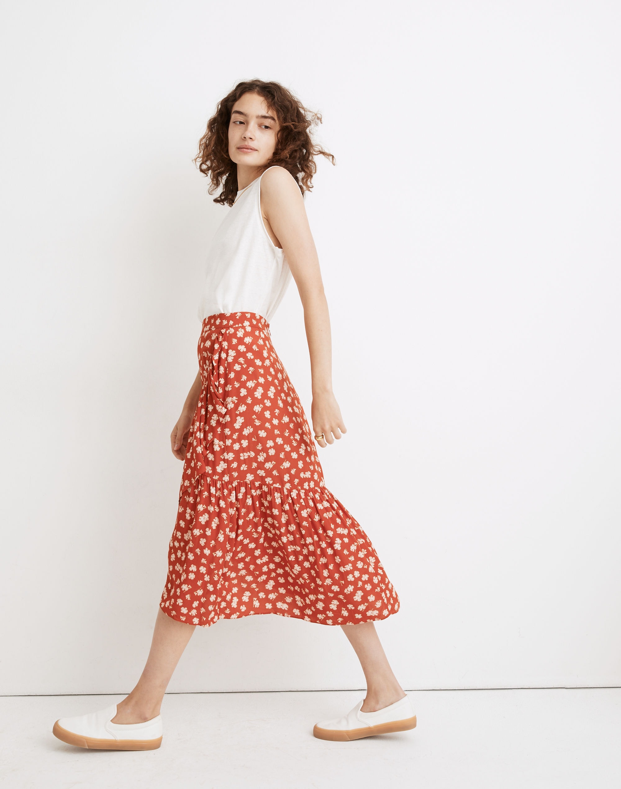 Ruffle-Wrap Midi Skirt in Happy Hibiscus