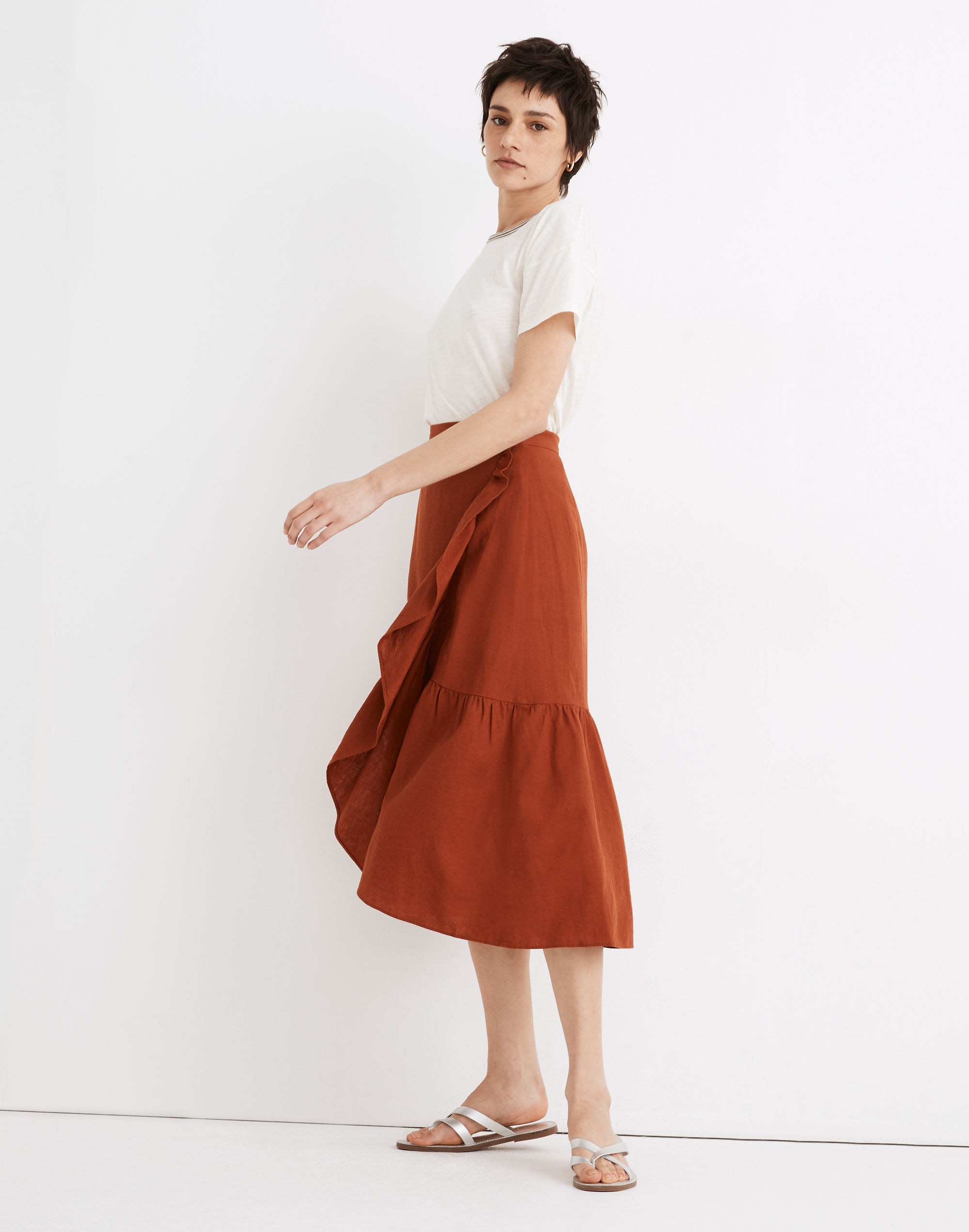 Linen-Blend Ruffle-Wrap Midi Skirt