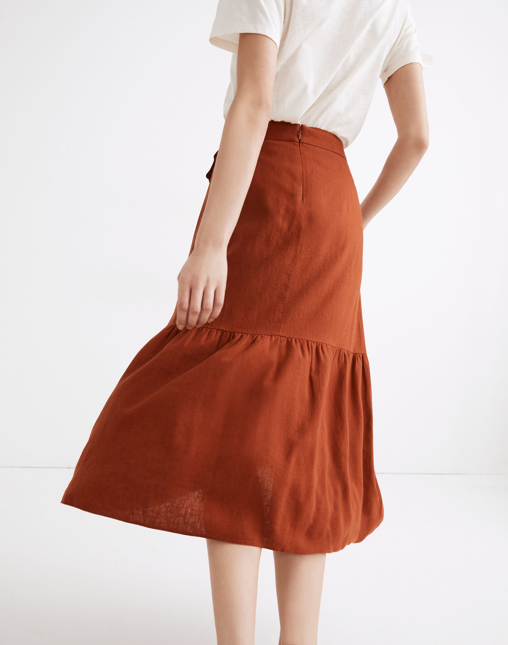 Linen-Blend Ruffle-Wrap Midi Skirt
