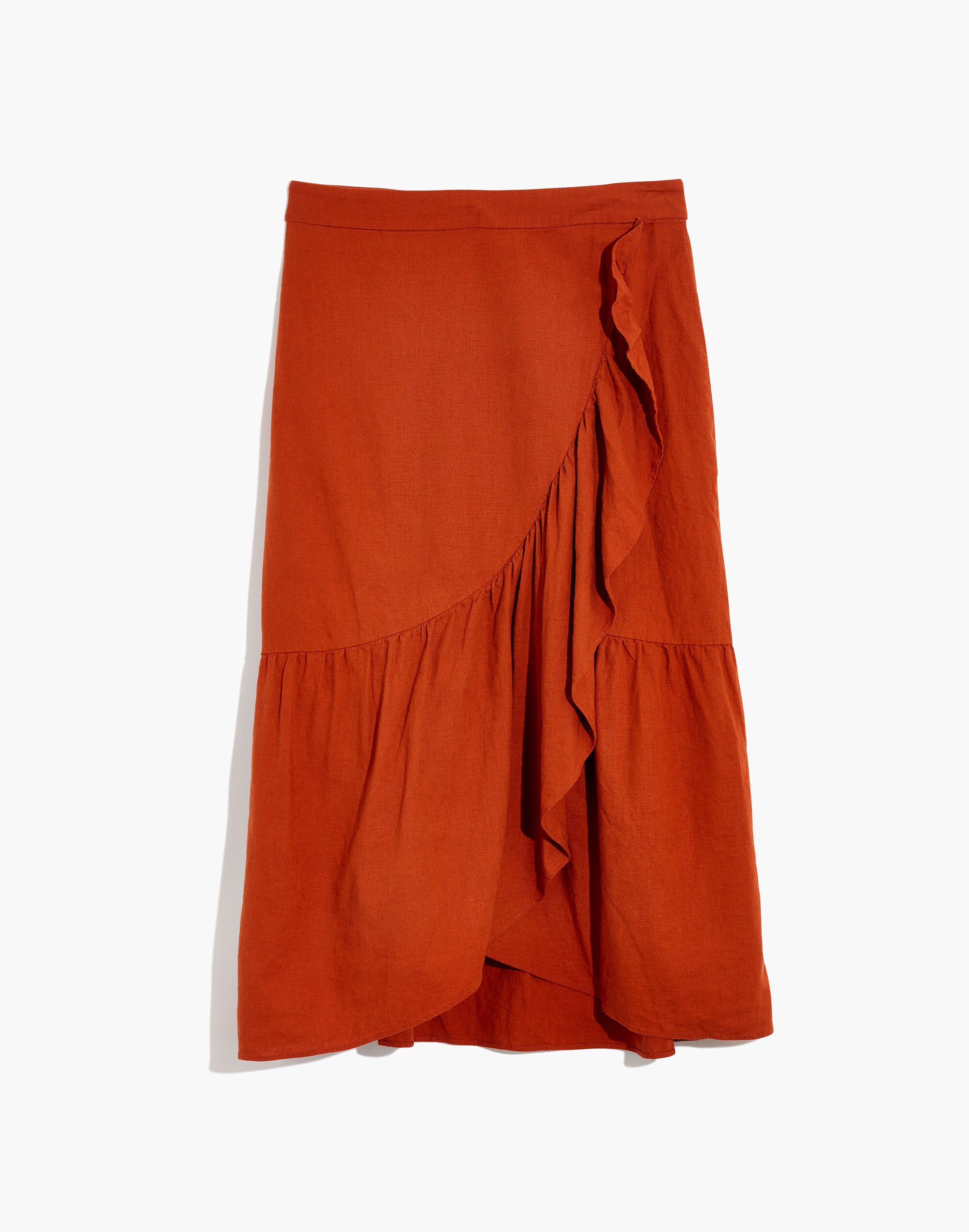 Linen-Blend Ruffle-Wrap Midi Skirt