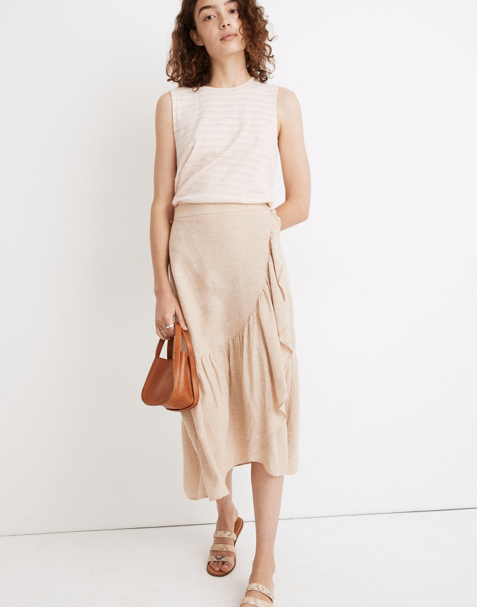 Linen-Blend Ruffle-Wrap Midi Skirt
