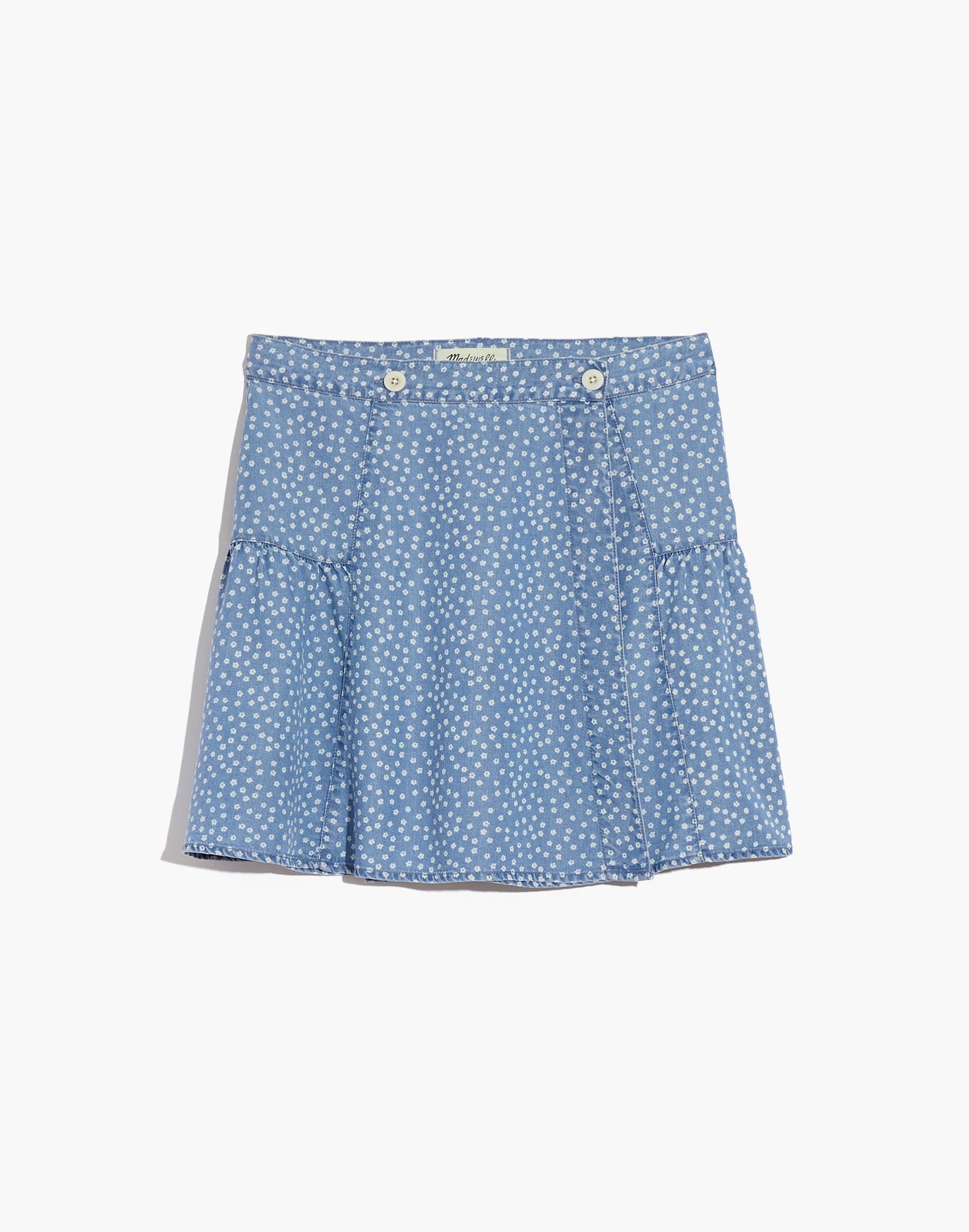 shirred wrap mini skirt in indigo daisies