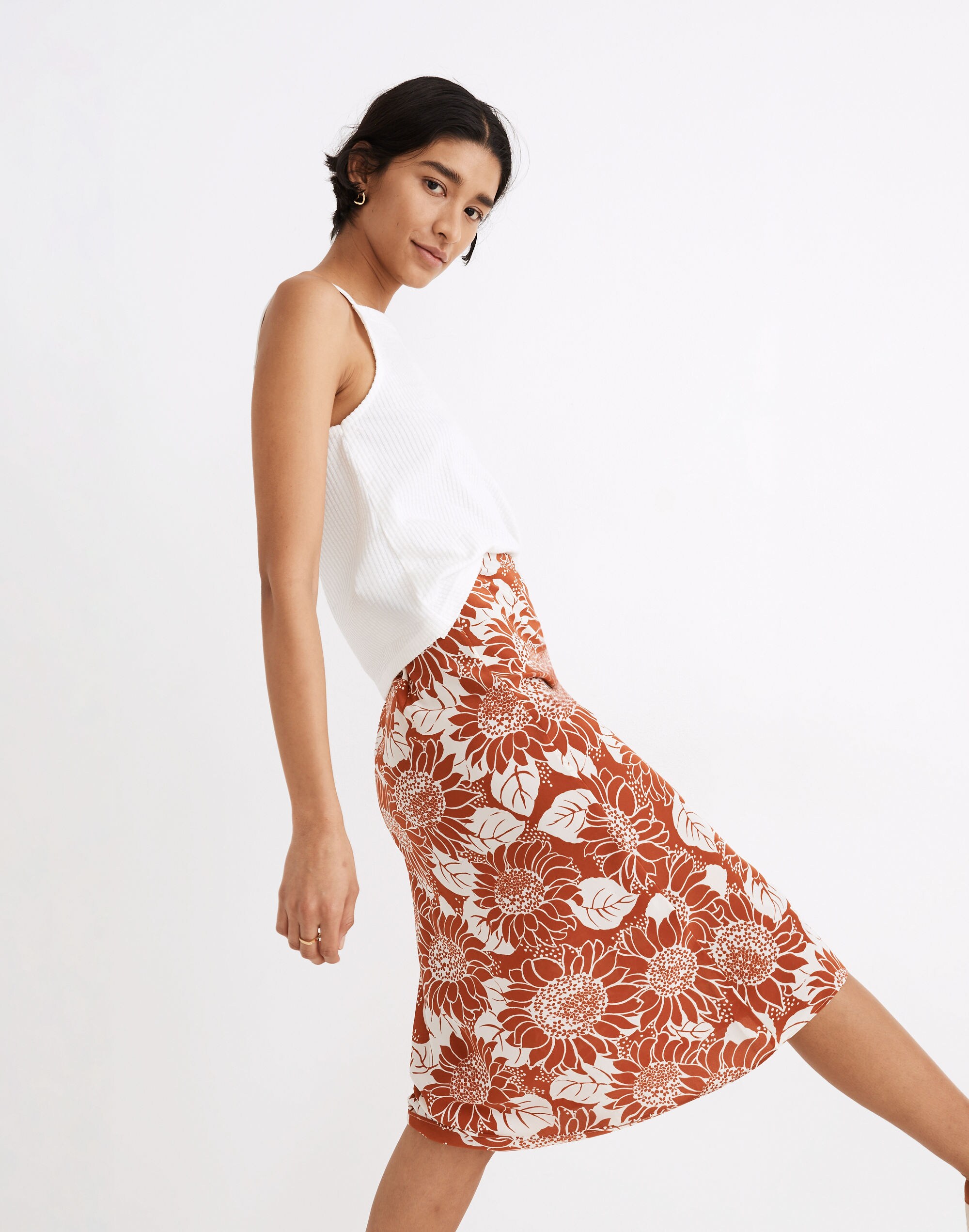 Silk Midi Slip Skirt in Sunflower Season